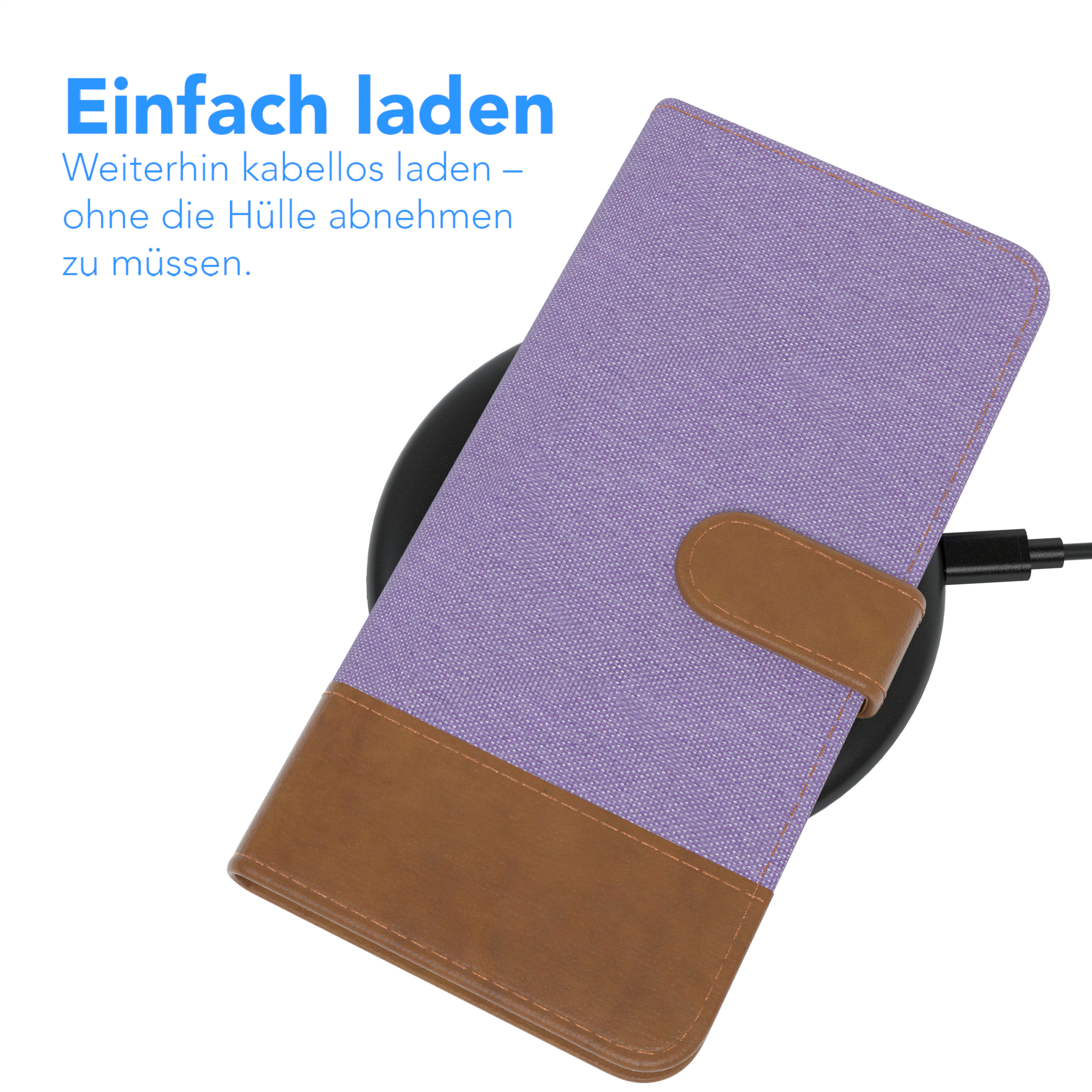 Lila Handyhülle auf kabellosem Ladegerät. Brauner Lederteil ist sichtbar. Text wird gezeigt.