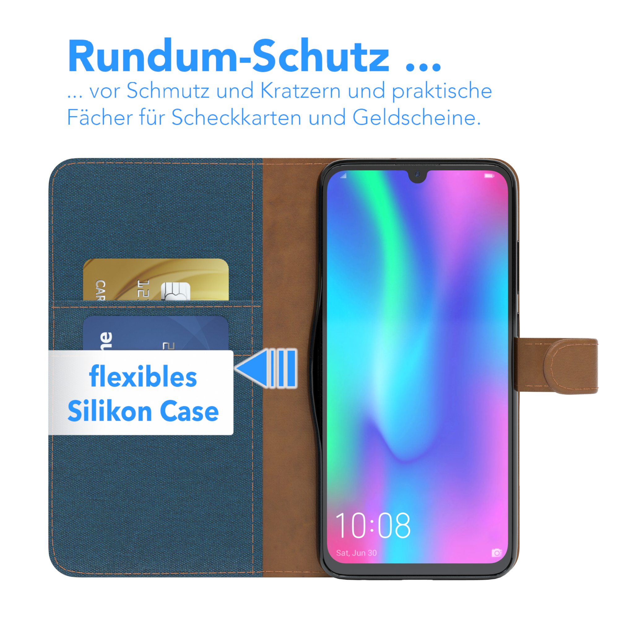 Ein Telefon in einer Hülle mit zwei Karten. Die Hülle ist geöffnet und zeigt den Bildschirm.