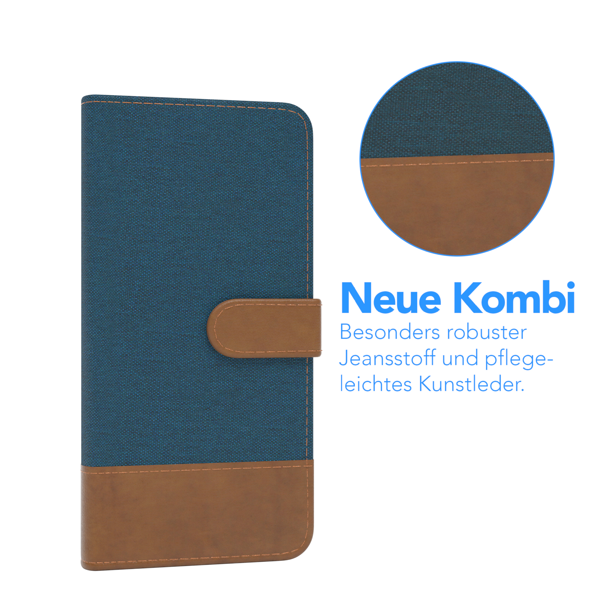 Blaue und braune Handyhülle. Text: Neue Kombi.