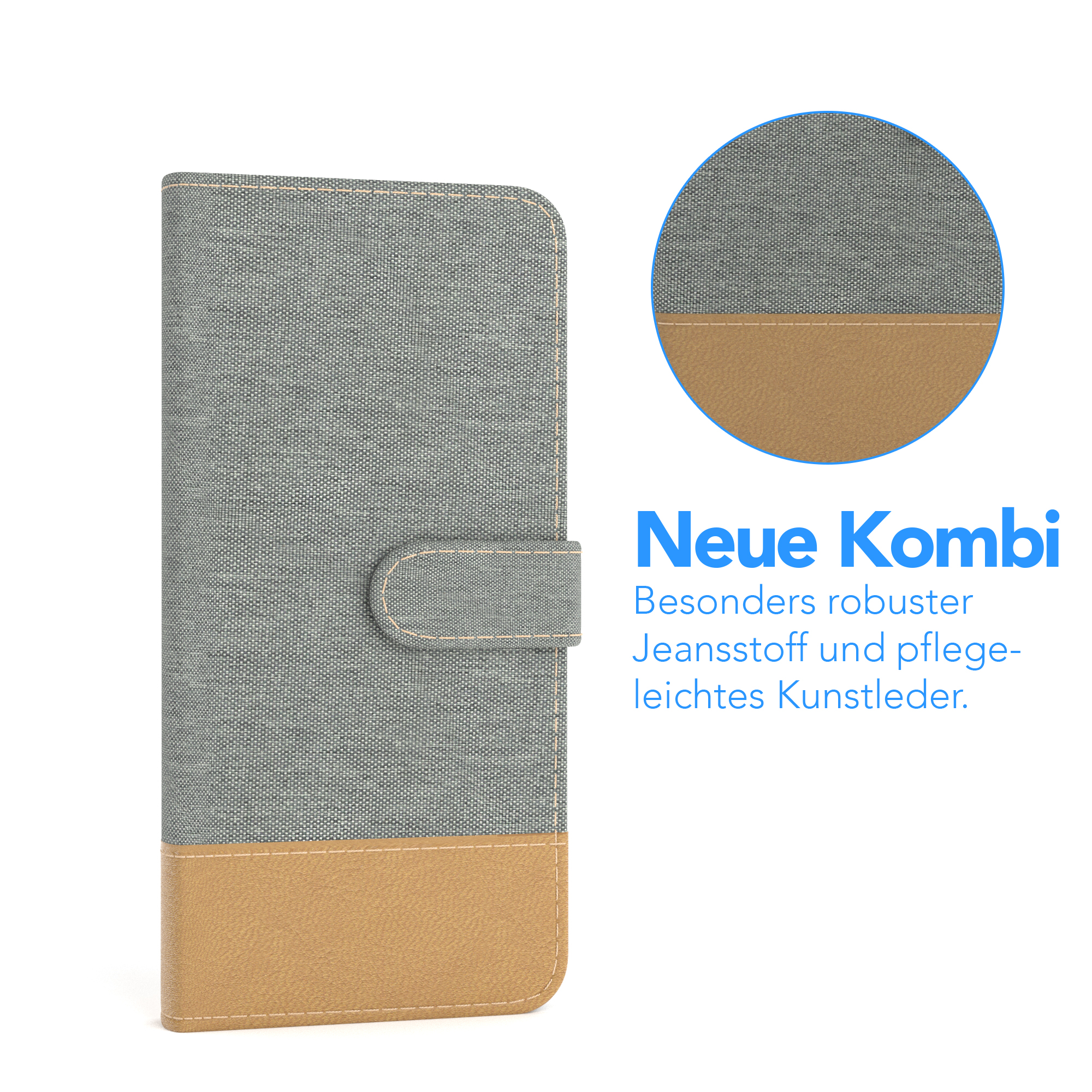 Eine Handyhülle mit grauem Stoff und einem braunen Lederboden.