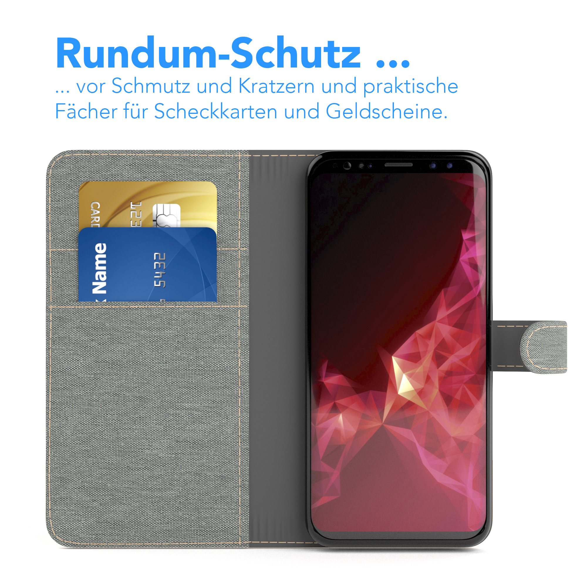 Geöffnete Handyhülle. Telefon in der Hülle, Kreditkarten in den Fächern. Grau und braun.