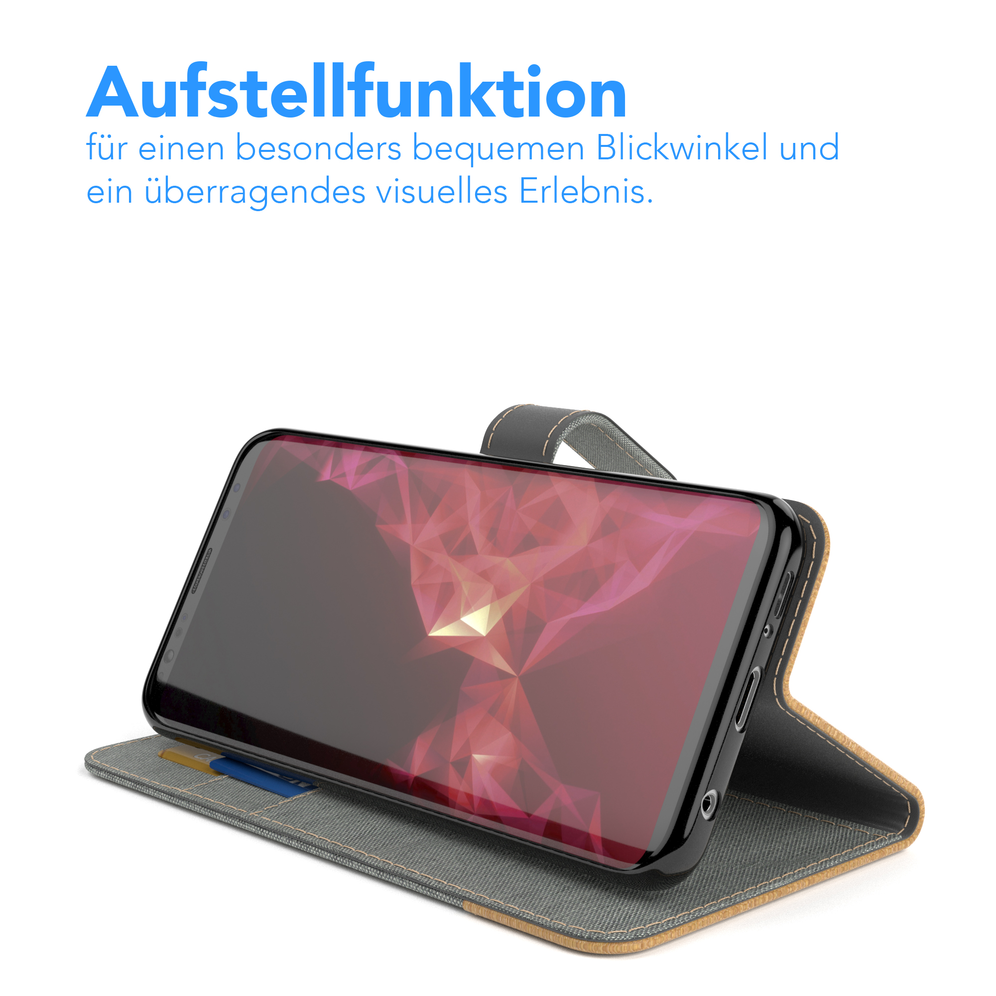 Telefon in einem Gehäuse, hochgestellt. Text oben: Aufstellfunktion (Standfunktion).