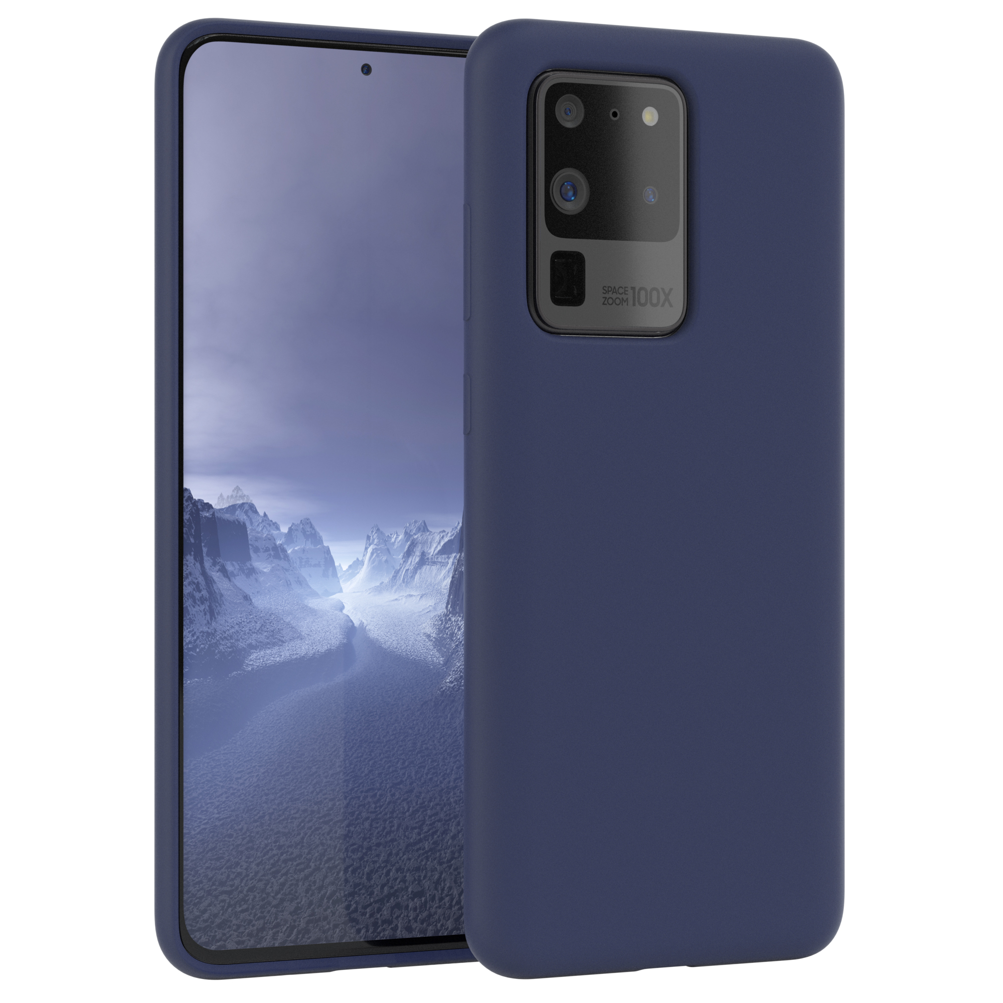 Blaue Handyhülle mit Telefon. Telefon hat mehrere Kameras. Dunkelblaue Farbe.