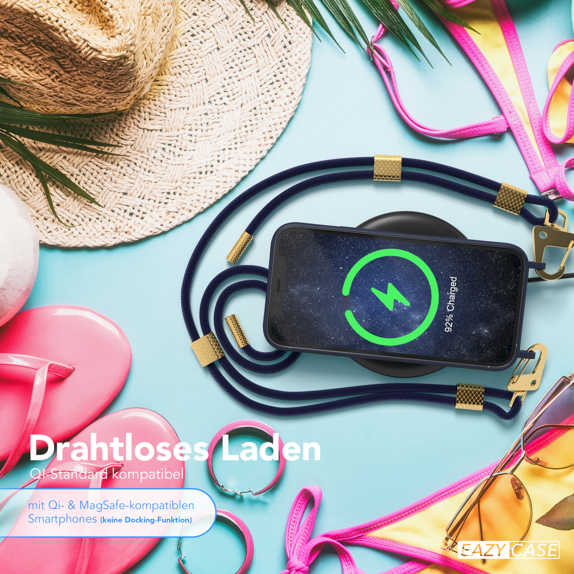 Telefon kabellos geladen mit Accessoires wie Flip-Flops, Sonnenbrille und Hut.