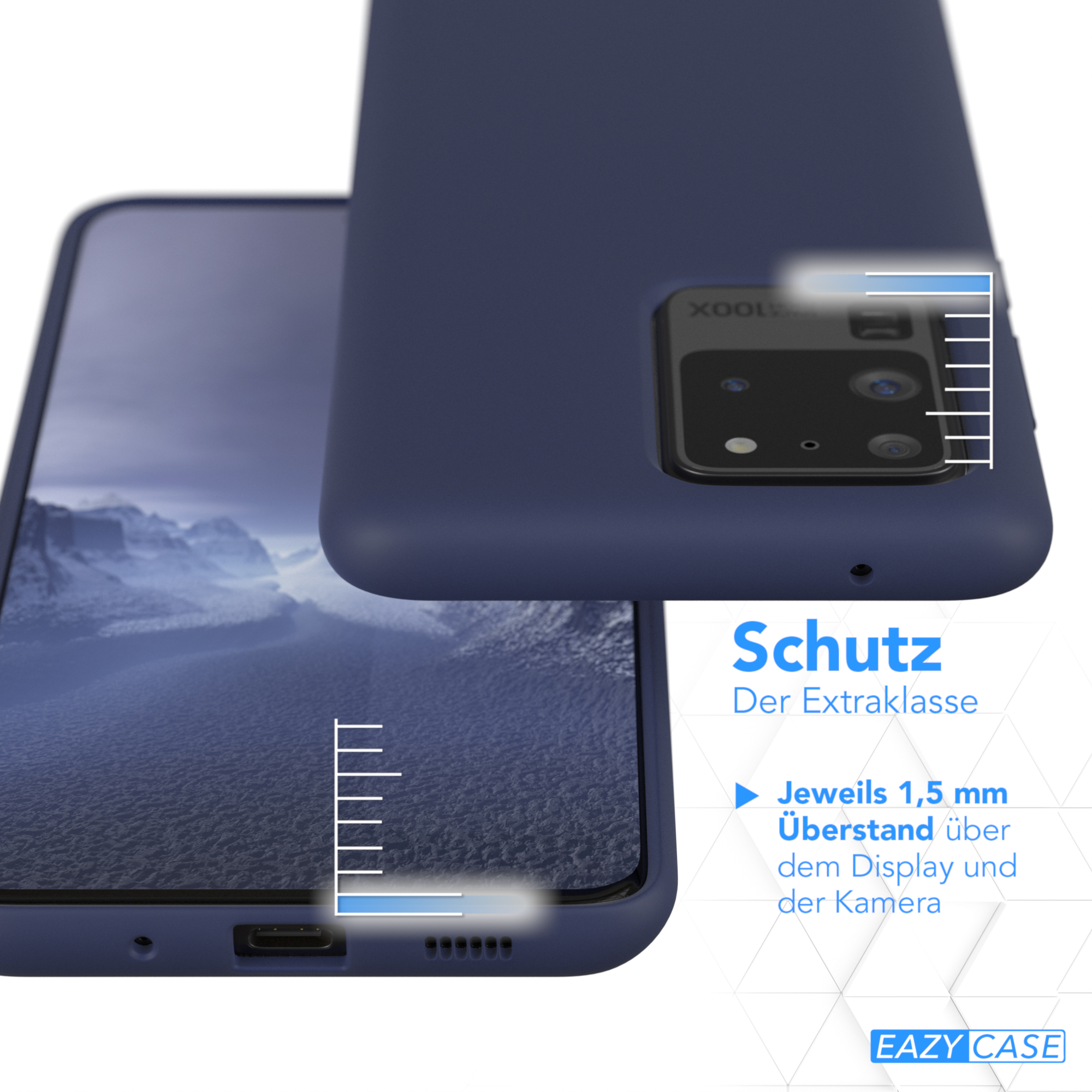 Eine dunkelblaue Handyhülle mit einem dunkelblauen Telefon darin.