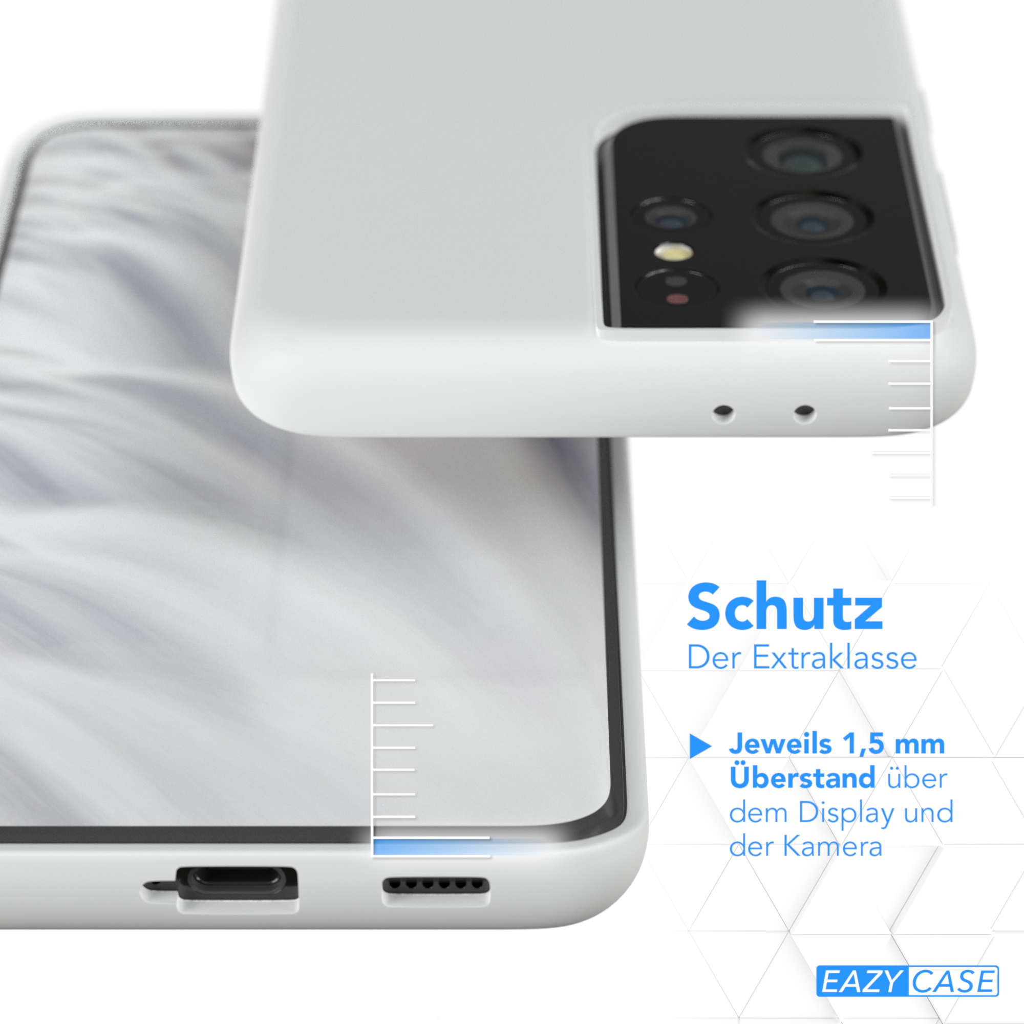 Nahaufnahme der Handyhülle, die den Schutz mit Messungen von 1,5 mm über Display und Kamera zeigt.