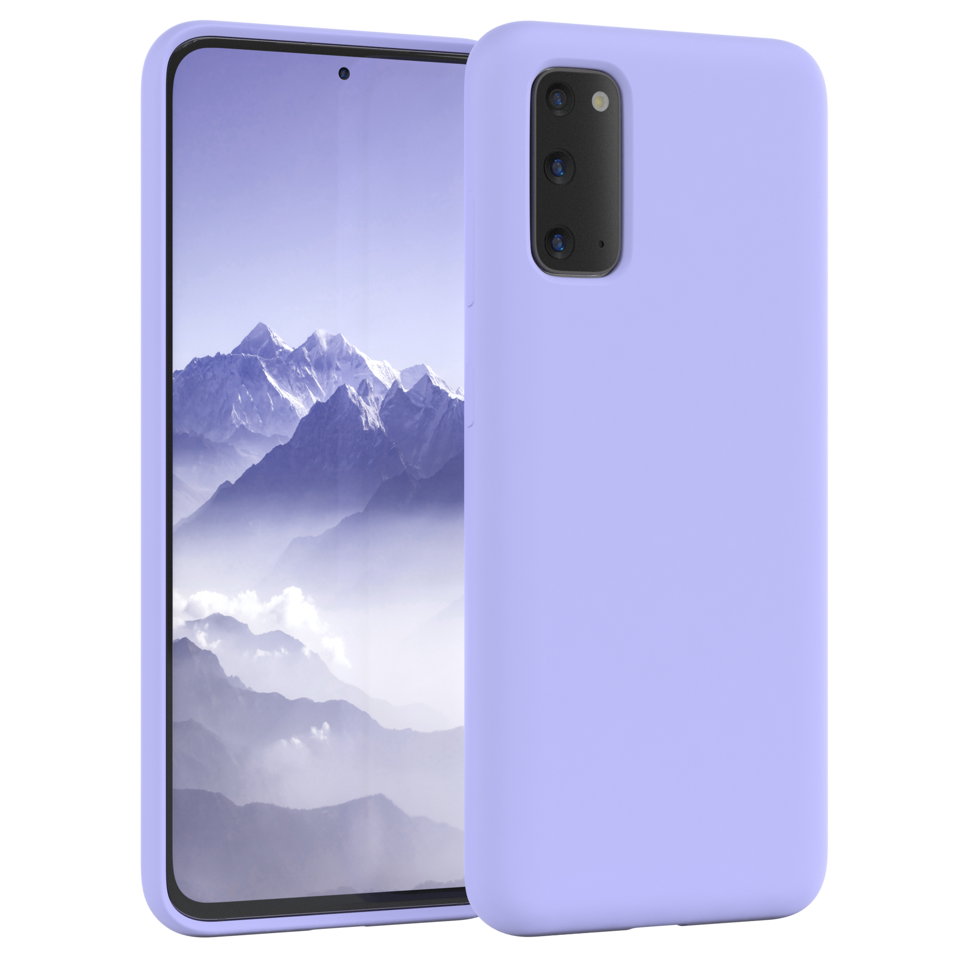 Lila Handyhülle mit Telefon. Das Telefon hat eine Kamera und eine lila Hülle.