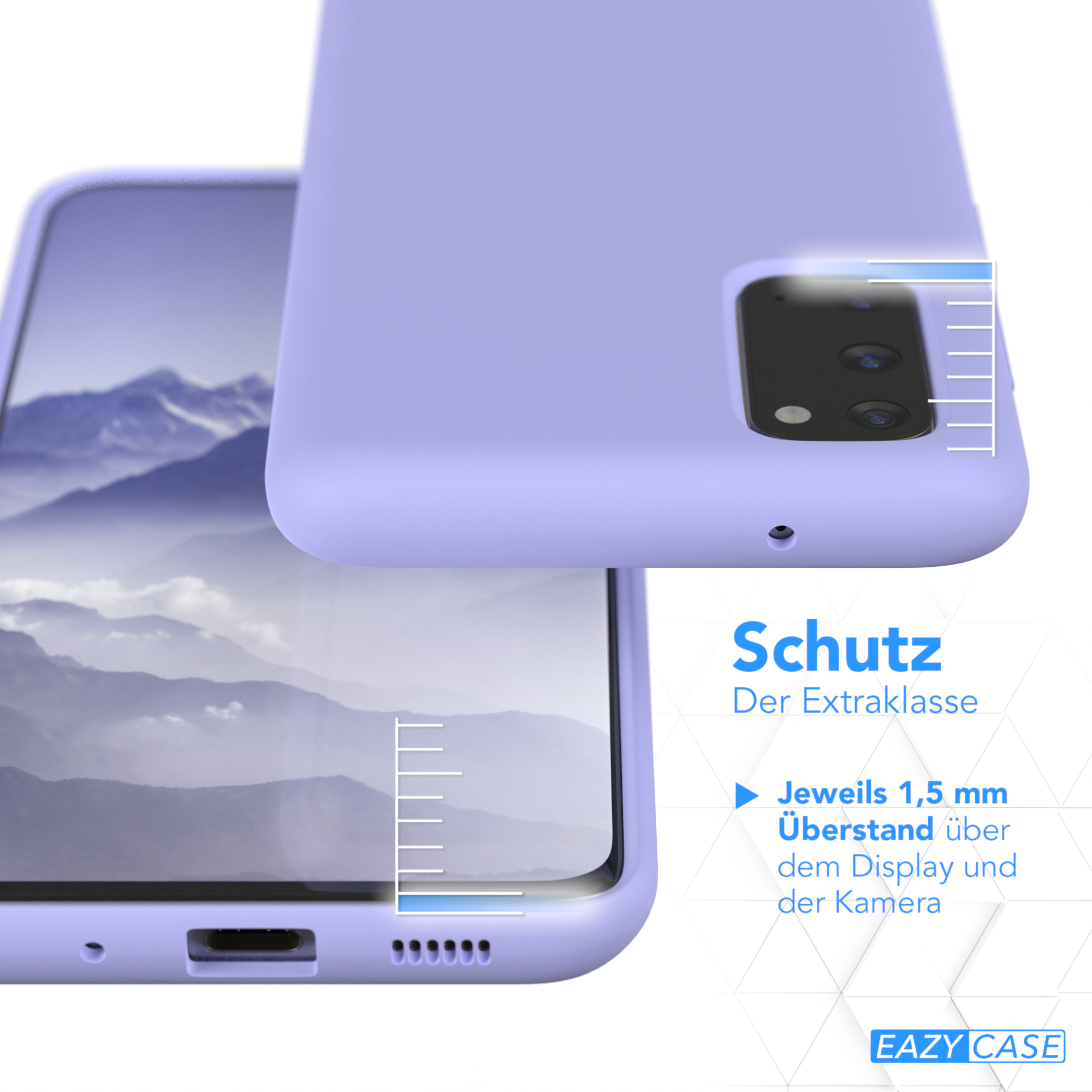 Ein Telefon in einer lila Hülle. Die Hülle ist geöffnet und geschlossen dargestellt.