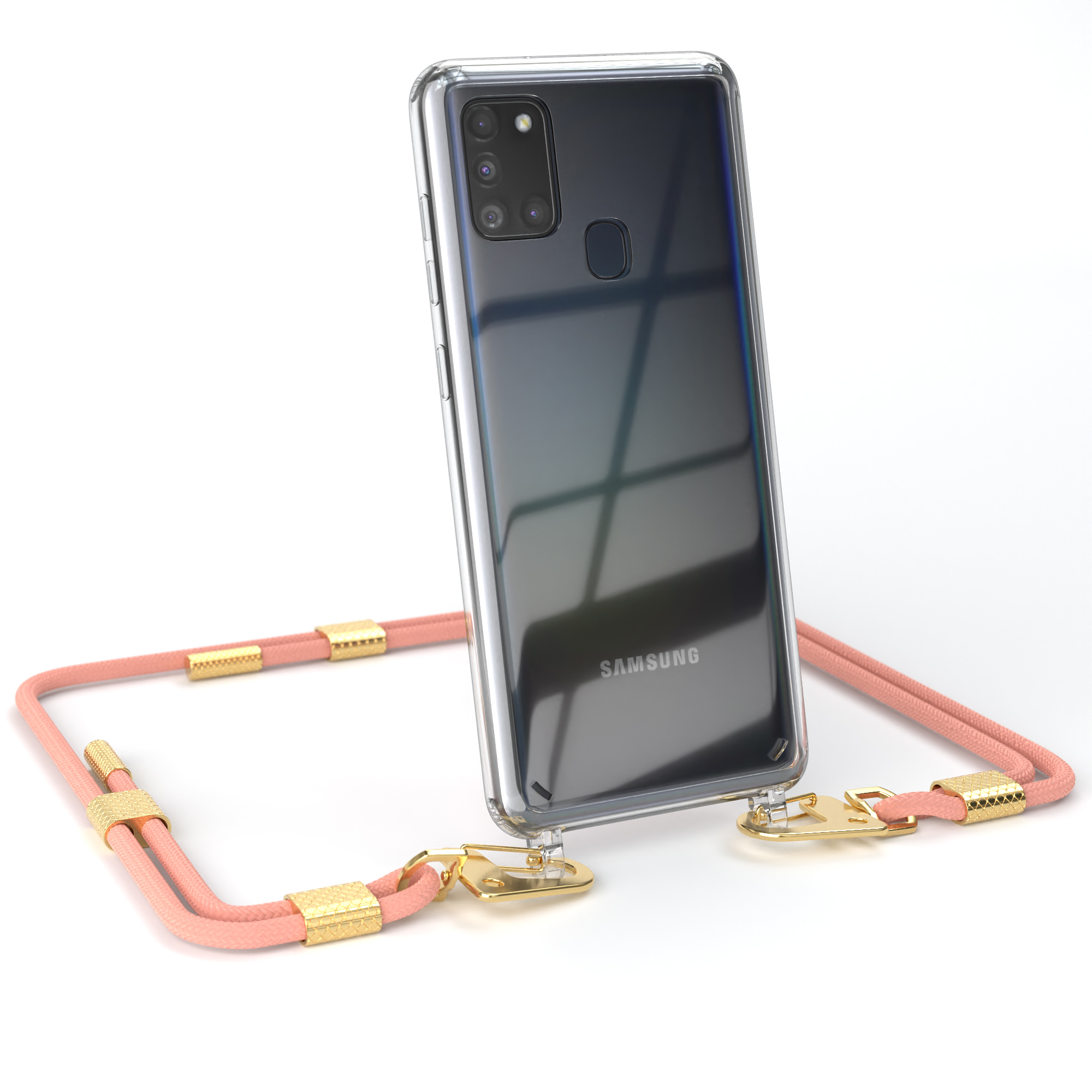 Transparente Handyhülle mit pinkfarbenem Umhängeband. Goldene Akzente. Samsung Telefon.