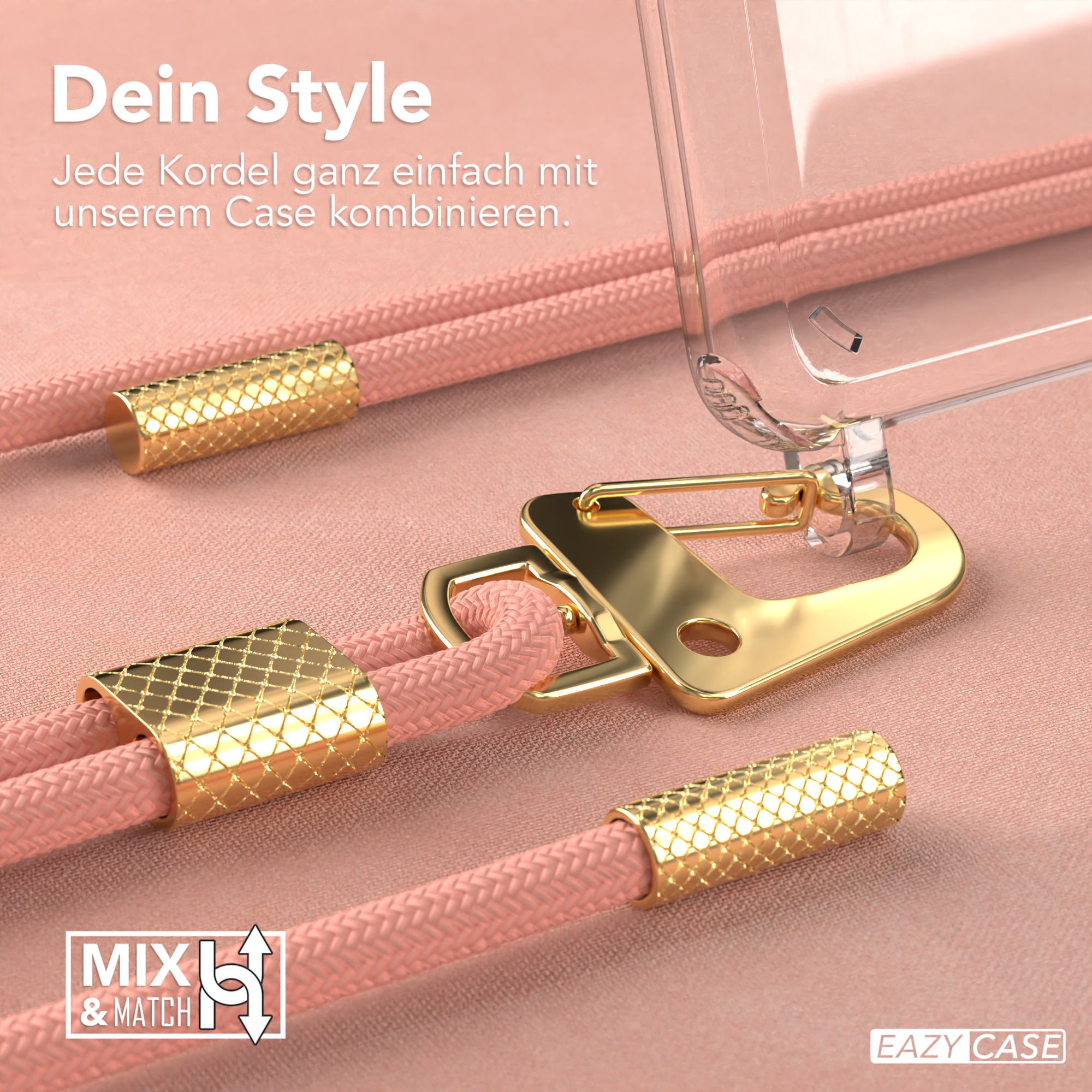 Nahaufnahme einer Handyhülle mit rosa Kordel. Ein goldener Verschluss ist befestigt. Der Hintergrund ist rosa.