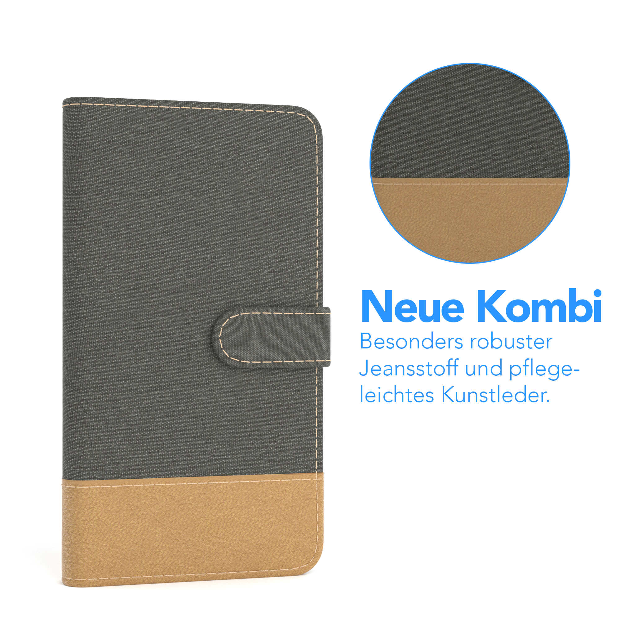 Handyhülle mit leinwandartiger Textur und braunen Lederdetails.