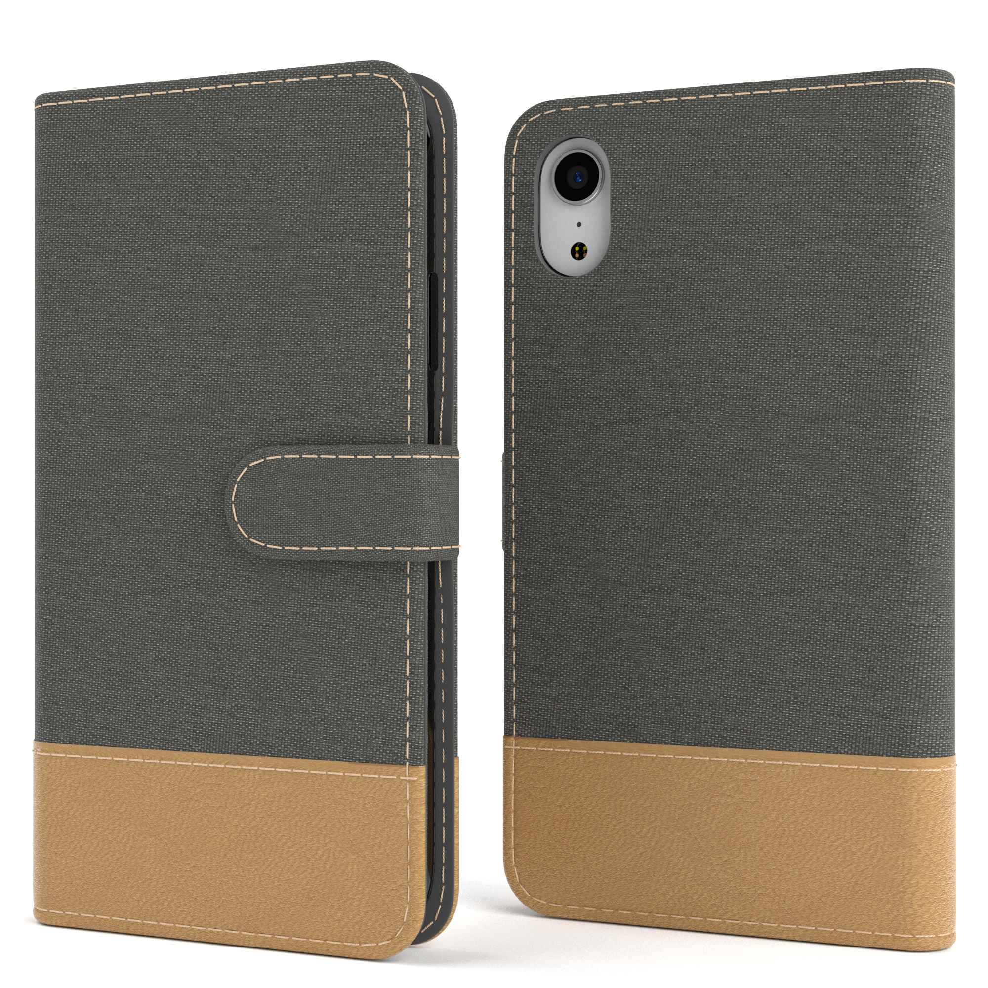 Graue und beige Handyhülle, geschlossen und offen. Mit Magnetverschluss und zweifarbigem Design.