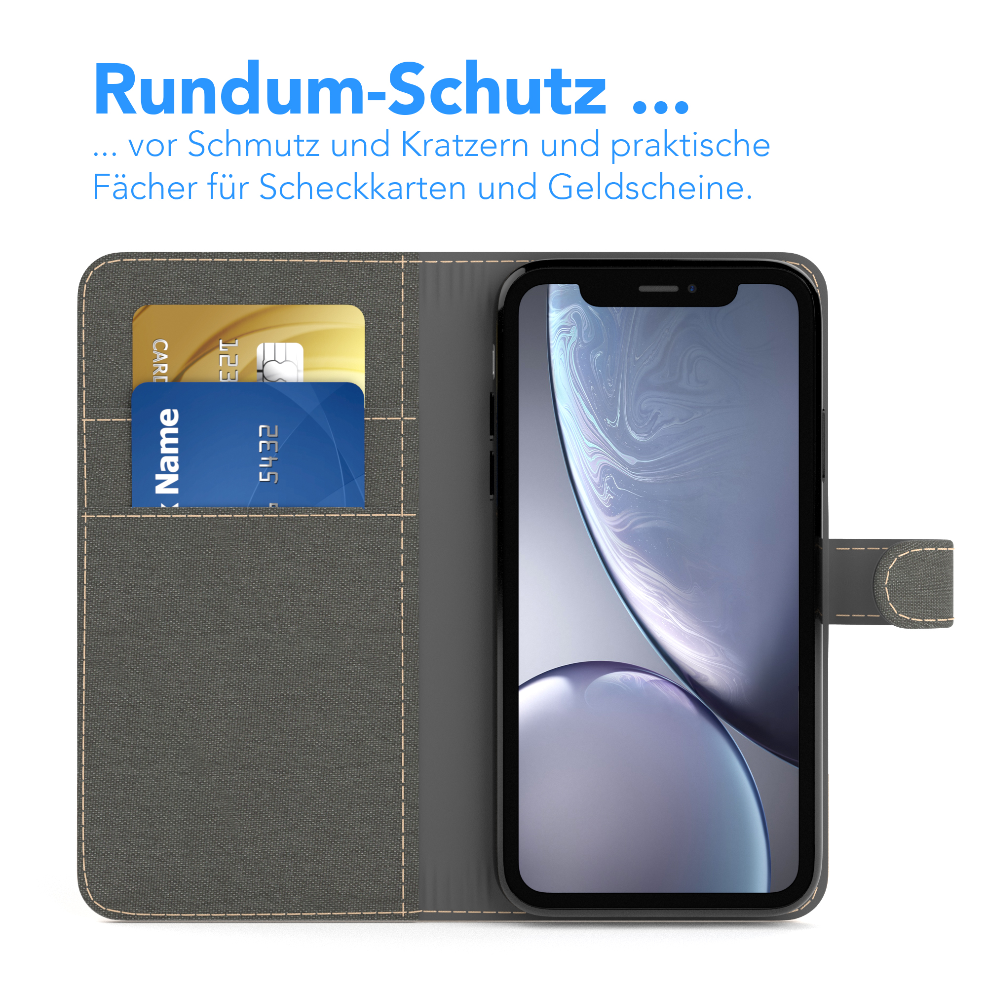 Geldbörsenetui mit Kreditkarten. Geöffnet, mit Karten und Telefon. Grauer Stoff.