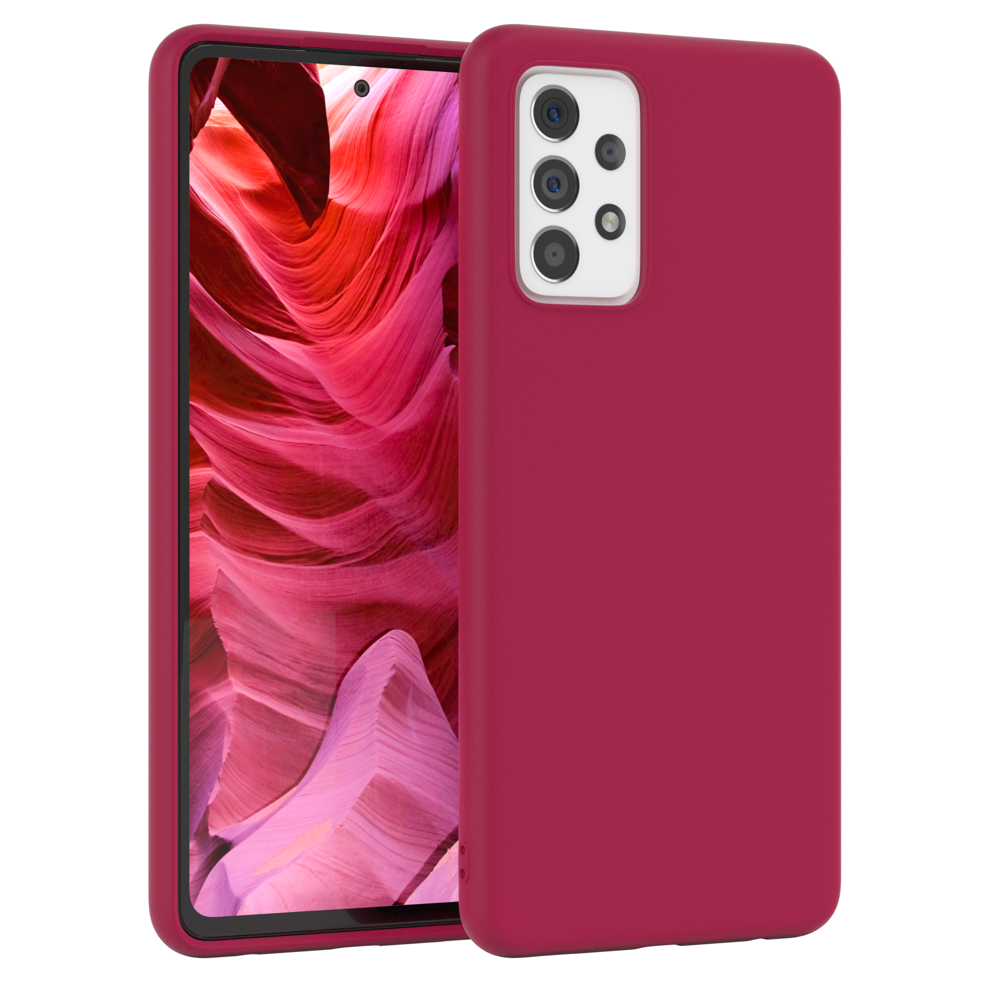 Rote Handyhülle mit Telefon darin. Weißer Hintergrund. Das Telefon hat mehrere Kameras.
