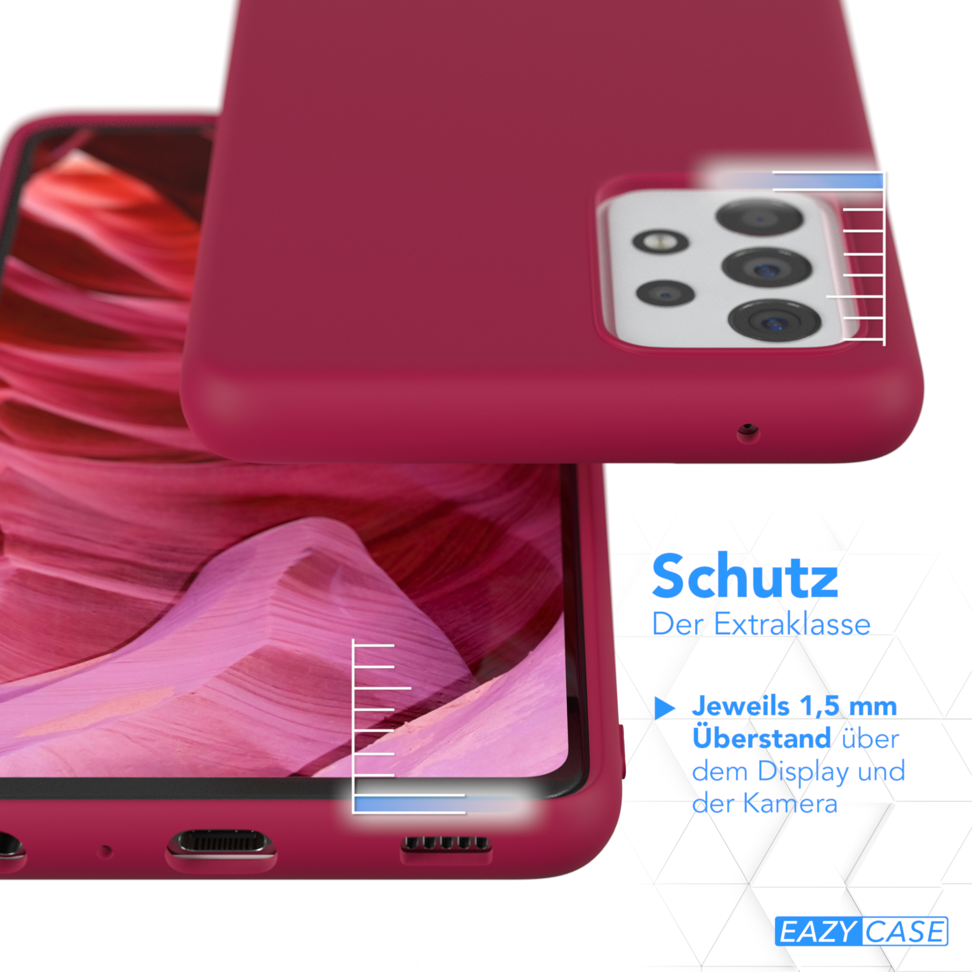 Eine Handyhülle ist geöffnet und zeigt das Telefon darin. Die Hülle ist rot und das Telefon rosa.