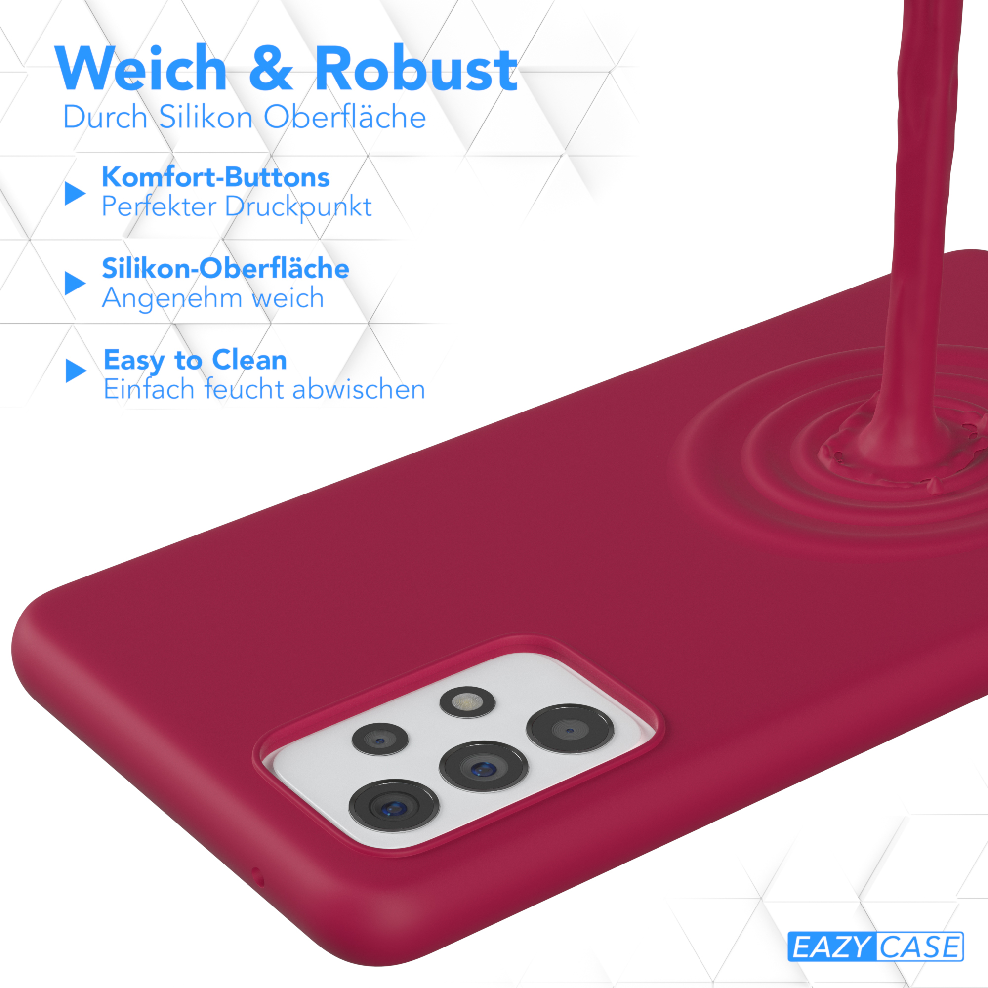 Rote Handyhülle mit Flüssigkeitsspritzer. Text: 'Weich & Robust' und 'Easy to Clean'.