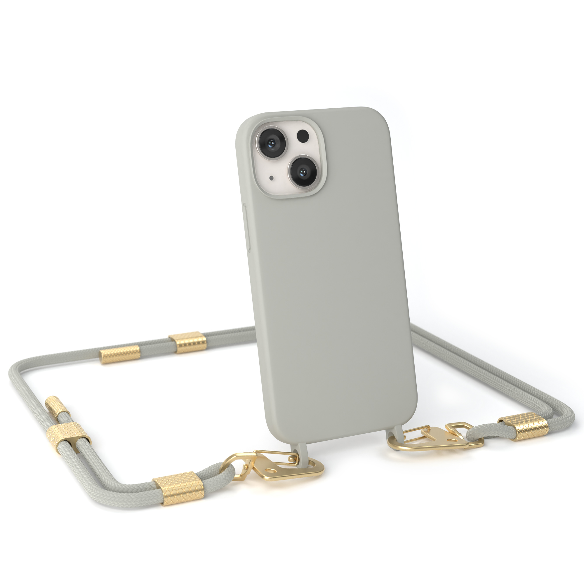Graue Handyhülle mit grauem Lanyard. Telefon wird aufrecht gehalten.