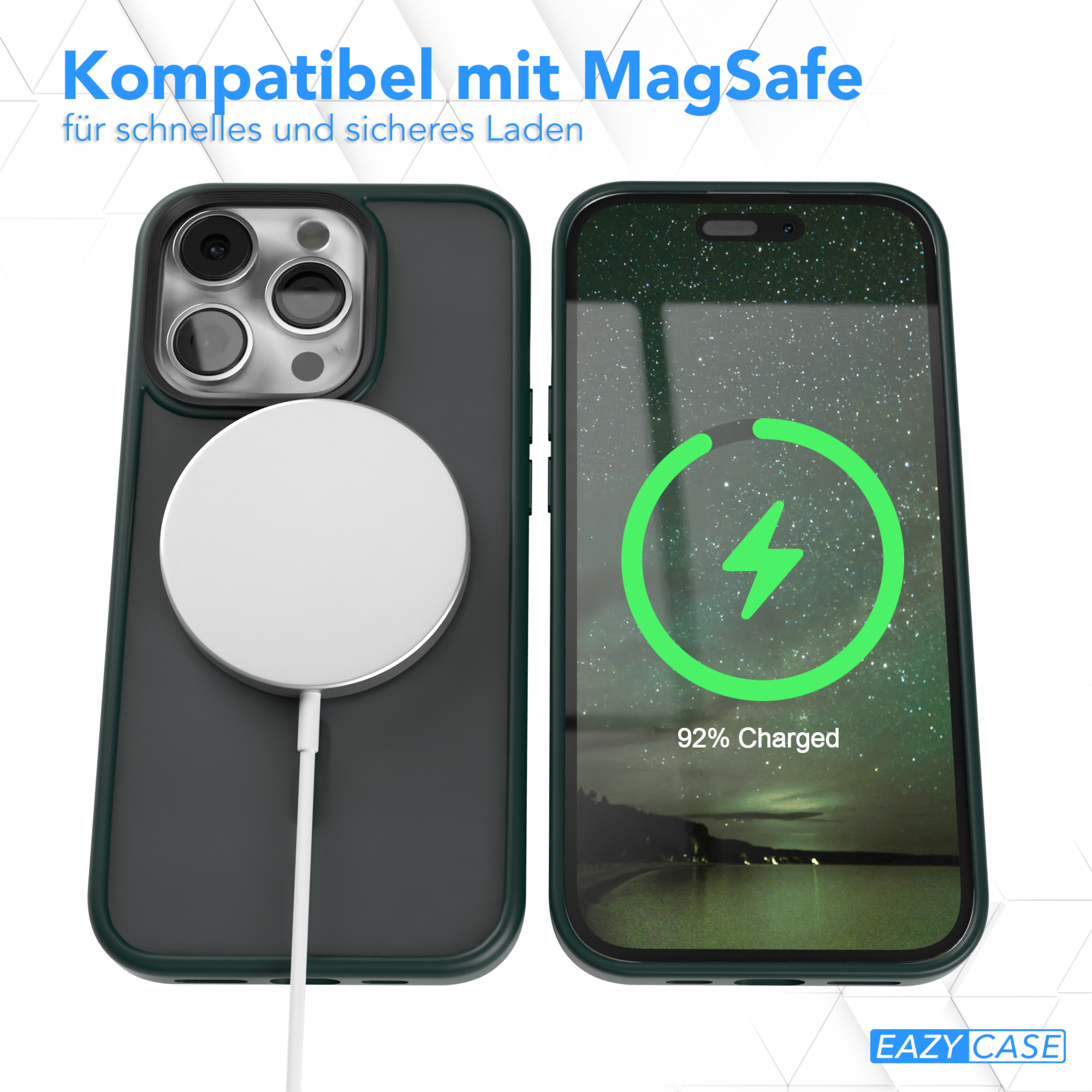 Telefon lädt auf weißem MagSafe, mit grünem Ladebildschirm. Text: 92% geladen.