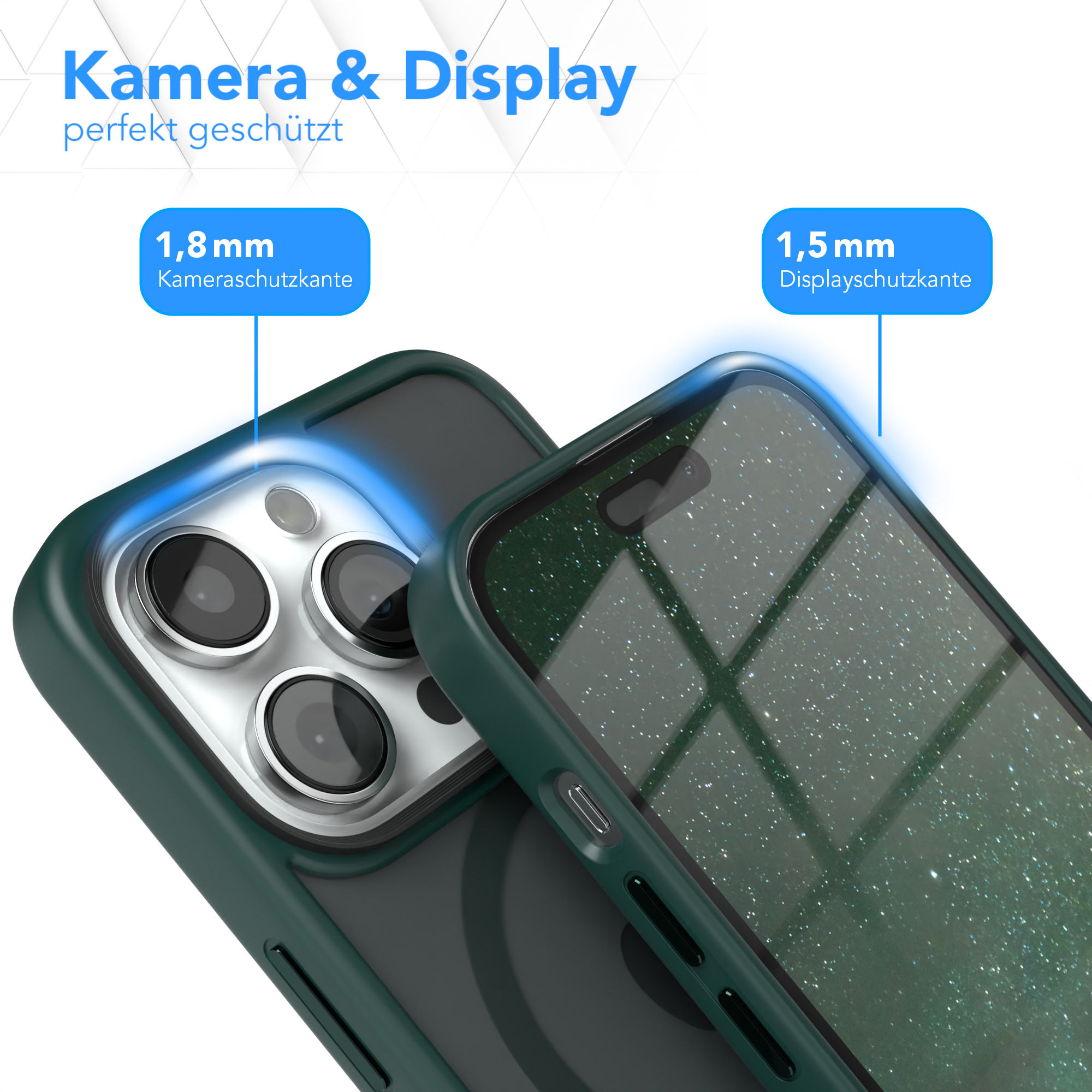 Nahaufnahme einer Handyhülle, die ein Telefon schützt, wobei der Kamera- und Displayschutz hervorgehoben wird.