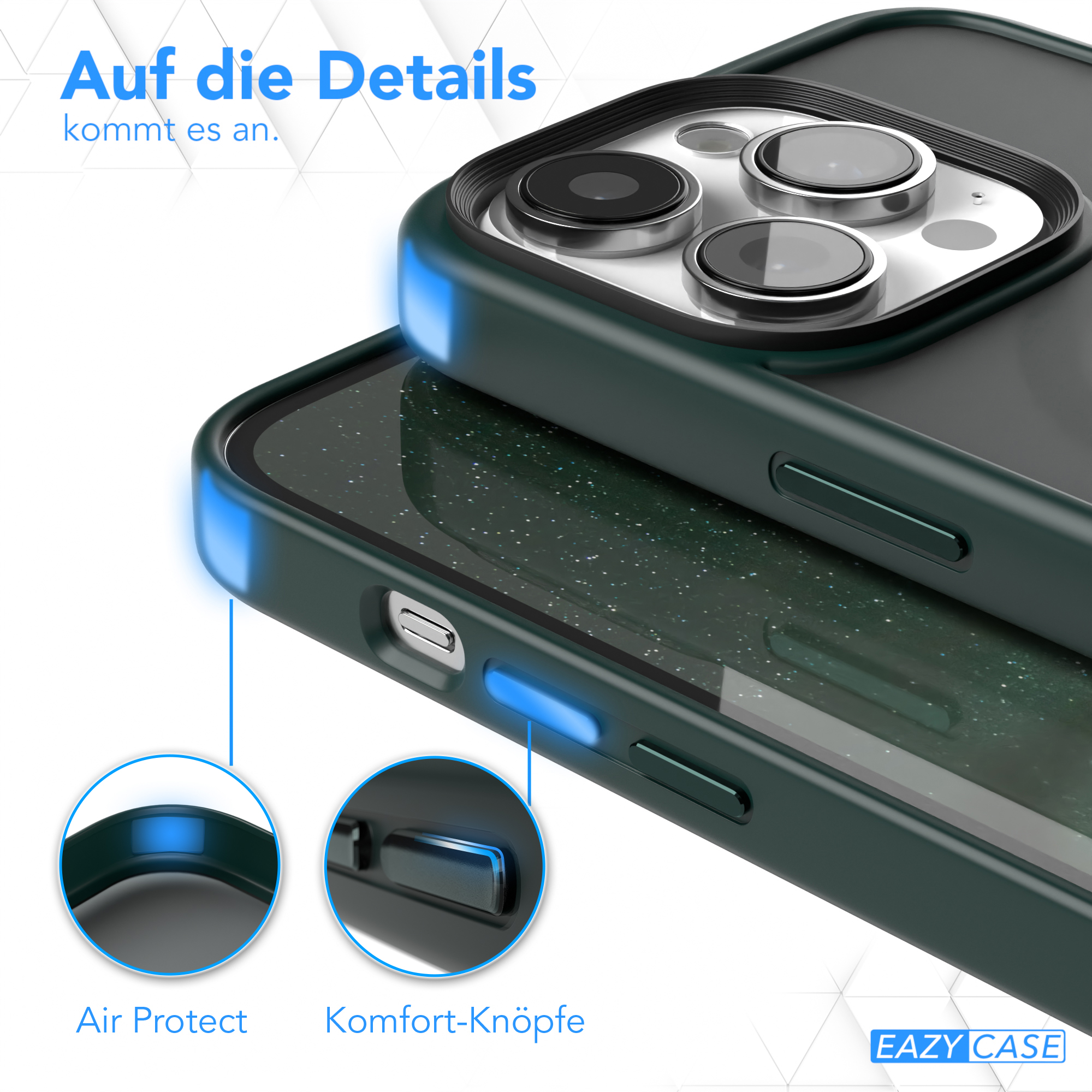 Nahaufnahme einer Handyhülle mit detaillierten Highlights des Designs. Dunkelgrüne und blaue Farben.