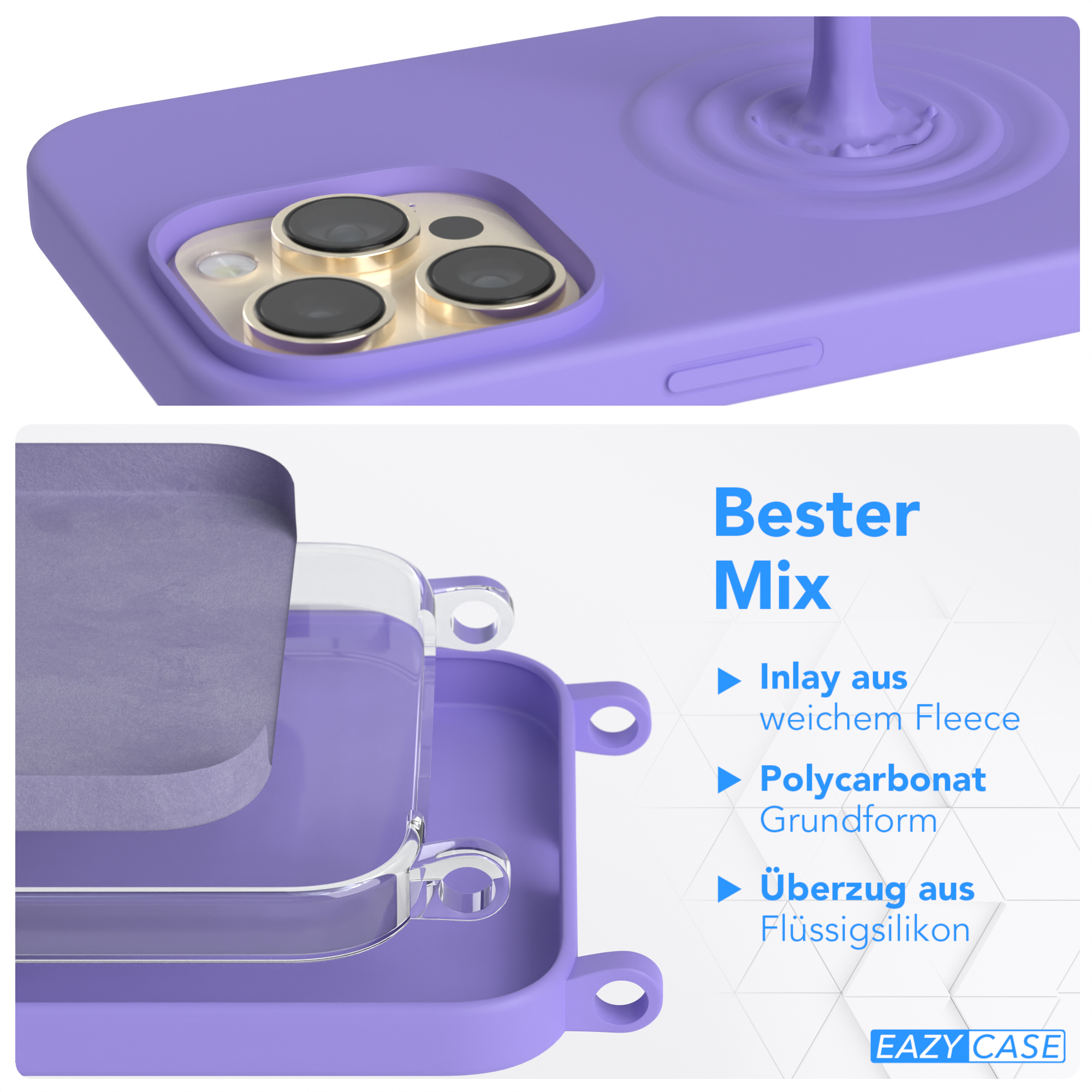 Nahaufnahme einer lila Handyhülle. Sie hat eine Fleece-Einlage, eine Polycarbonat-Basis und eine Silikonhülle.