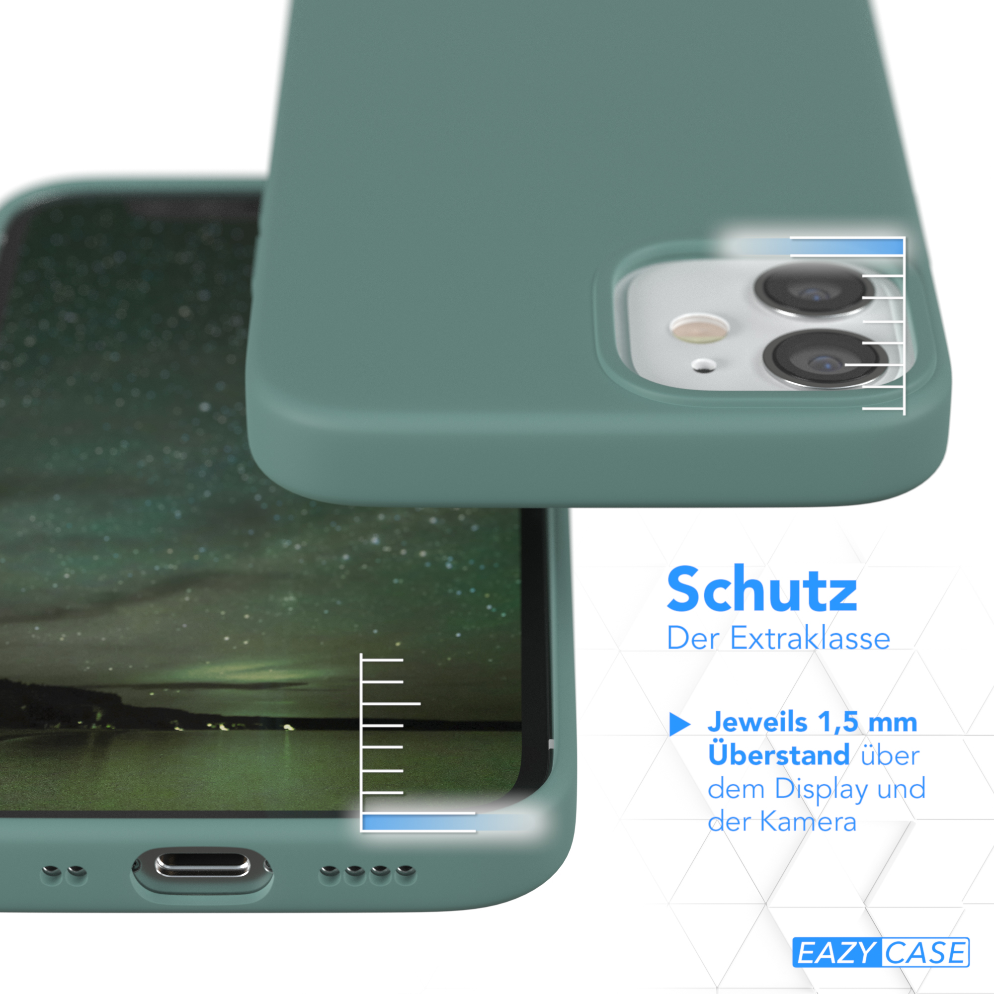 Grüne Handyhülle mit Telefon. Text: Schutz Der Extraklasse.