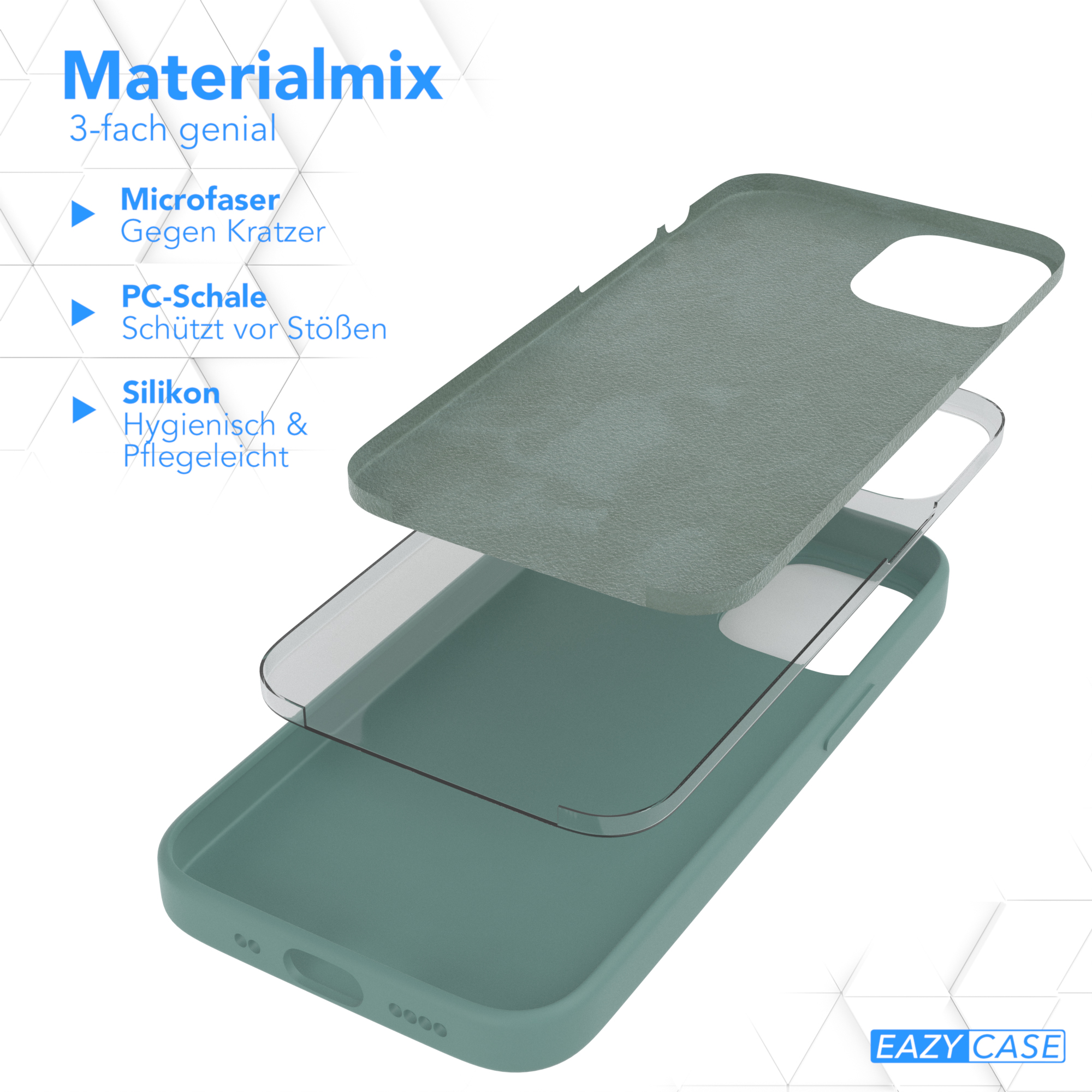 Handyhüllen-Schichten: Mikrofaser, PC-Schale und Silikon, grün und grau.