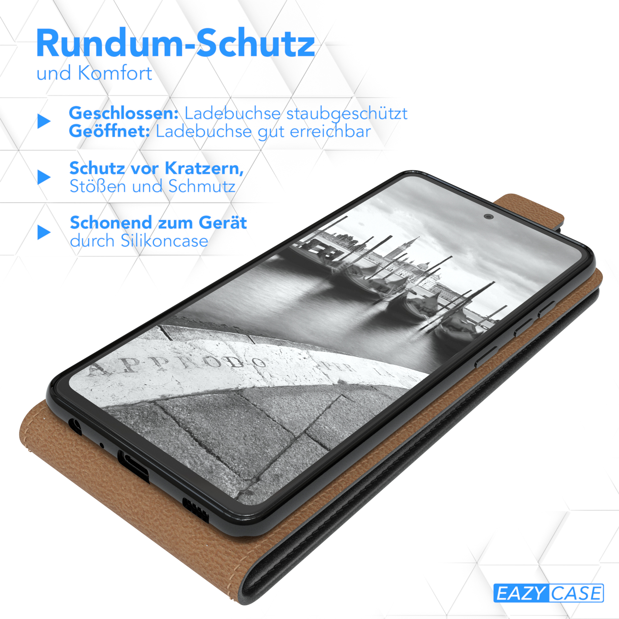 Handyhülle mit einem Telefon darin, das den Bildschirm zeigt.