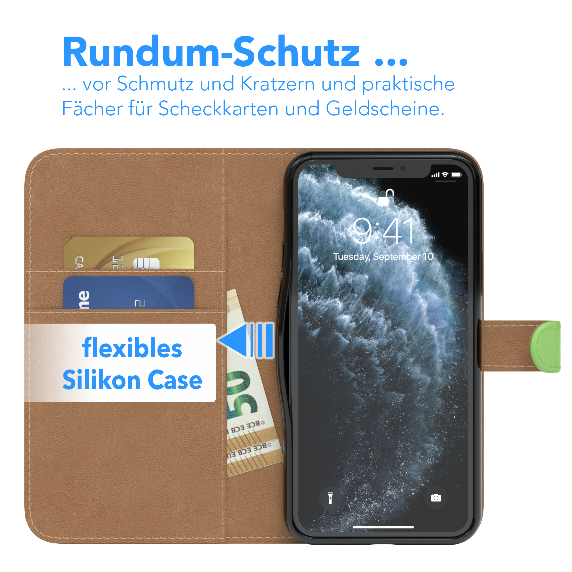 Geöffnete Handyhülle mit Telefon und Karten. Text: 'Flexibles Silikon Case'.