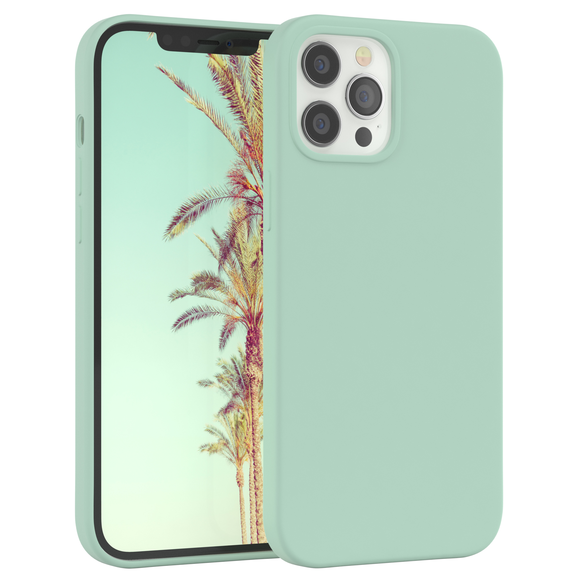Mintgrüne Handyhülle. Telefon zeigt Palmen und blauen Himmel. Hülle rechts.