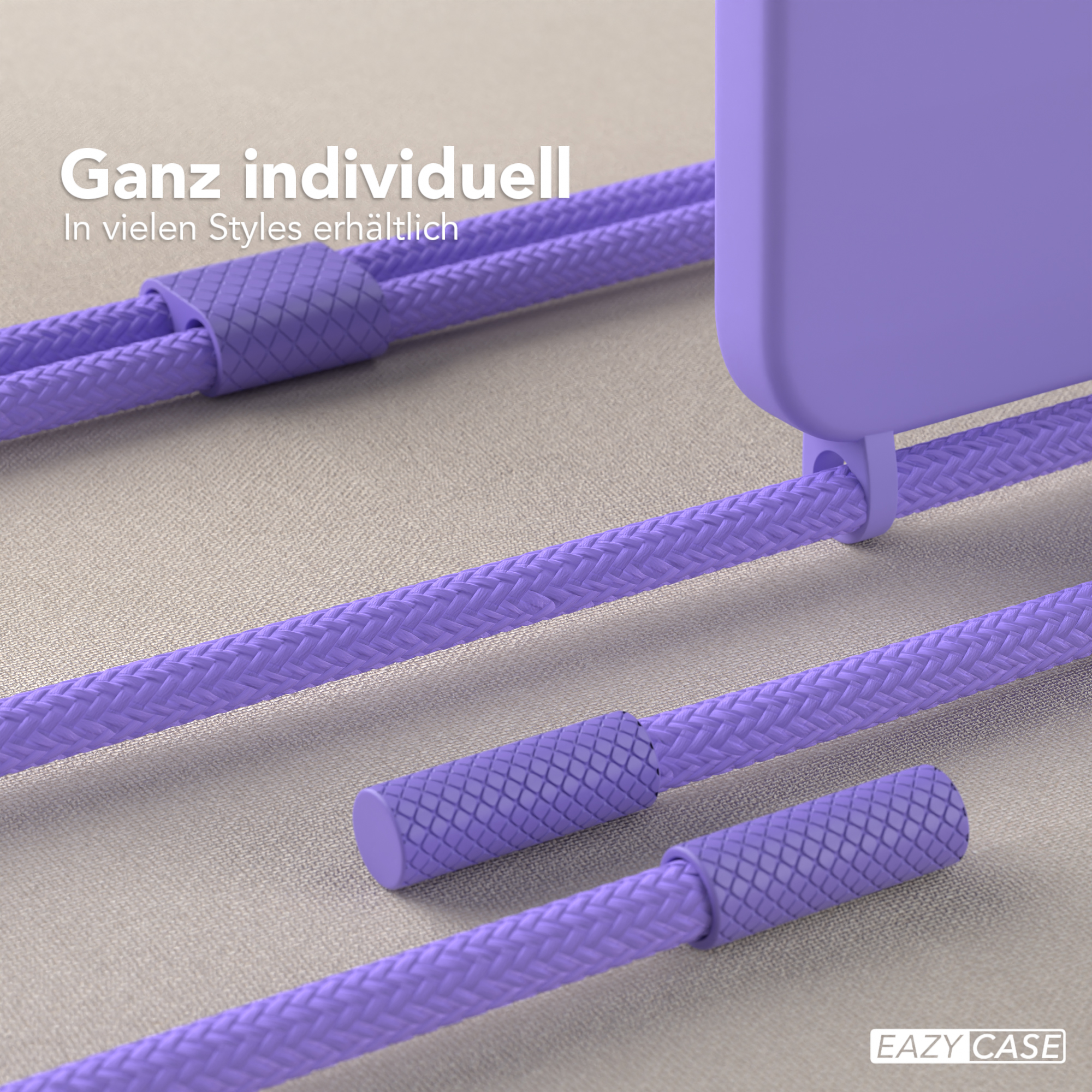 Lila Handyhülle mit geflochtenen Kordeln, Nahaufnahme und Text 'Ganz individuell'.