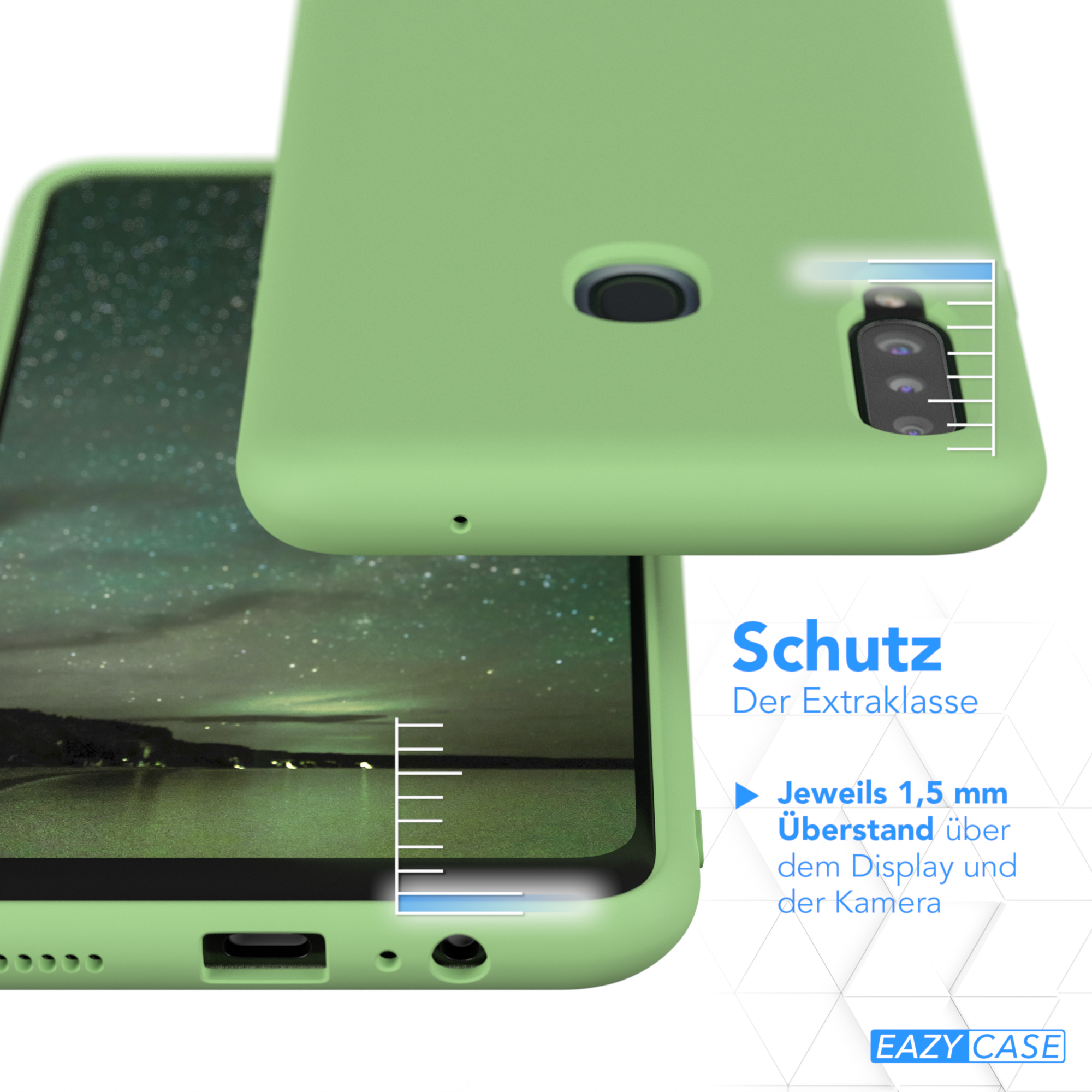Grüne Handyhülle neben einem Telefon. Text sagt Schutz, Extraklasse. Messlinien werden angezeigt.