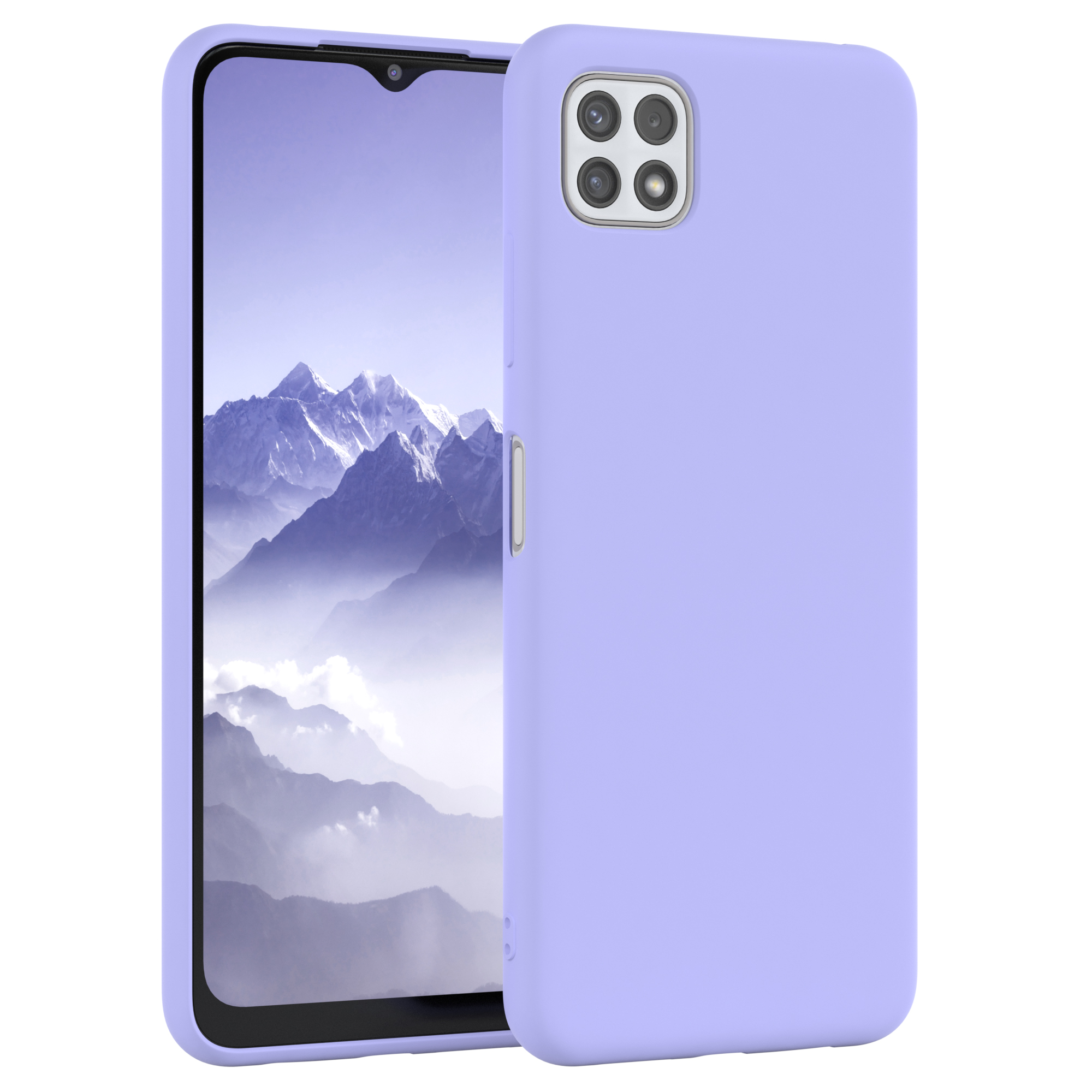 Lila Telefon und Hülle. Das Telefon hat einen verschwommenen Hintergrund.