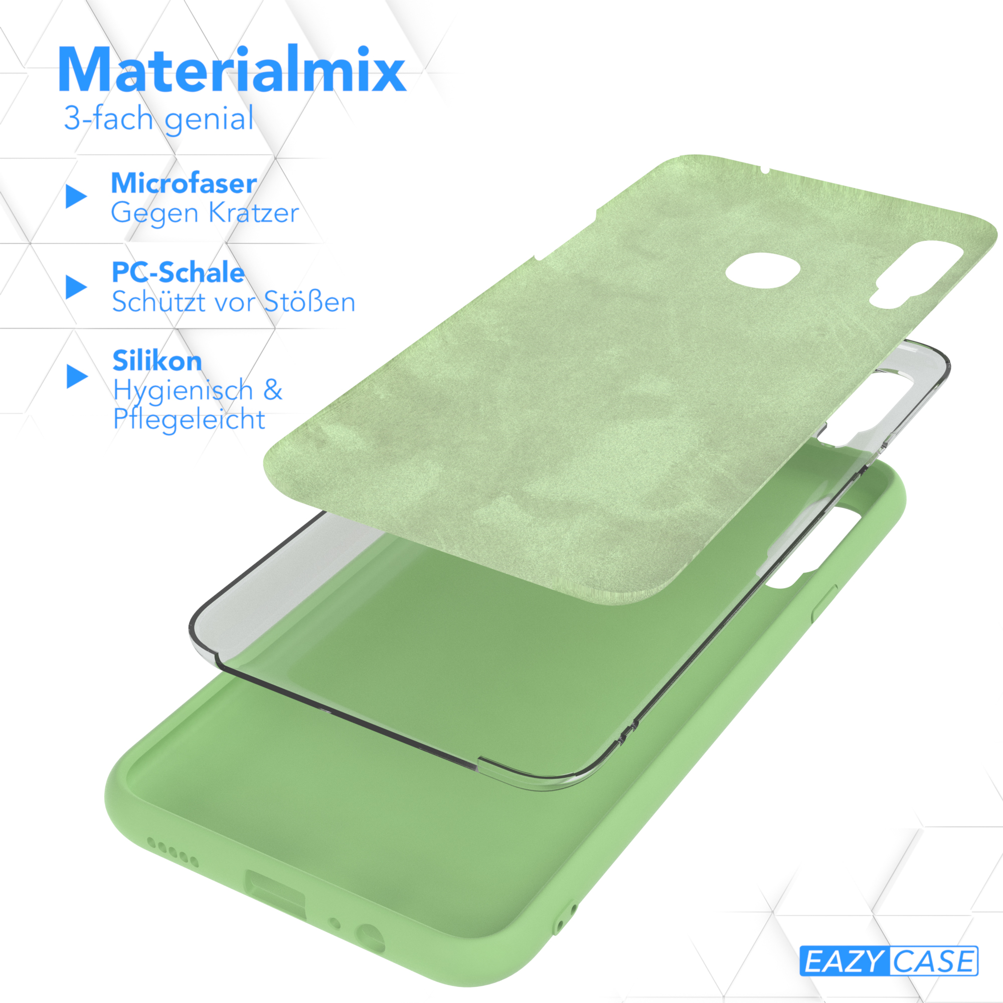 Mehrschichtige Handyhülle: Mikrofaser, PC-Schale und Silikon. Grün-weißes Farbschema mit detaillierter Schichtung.