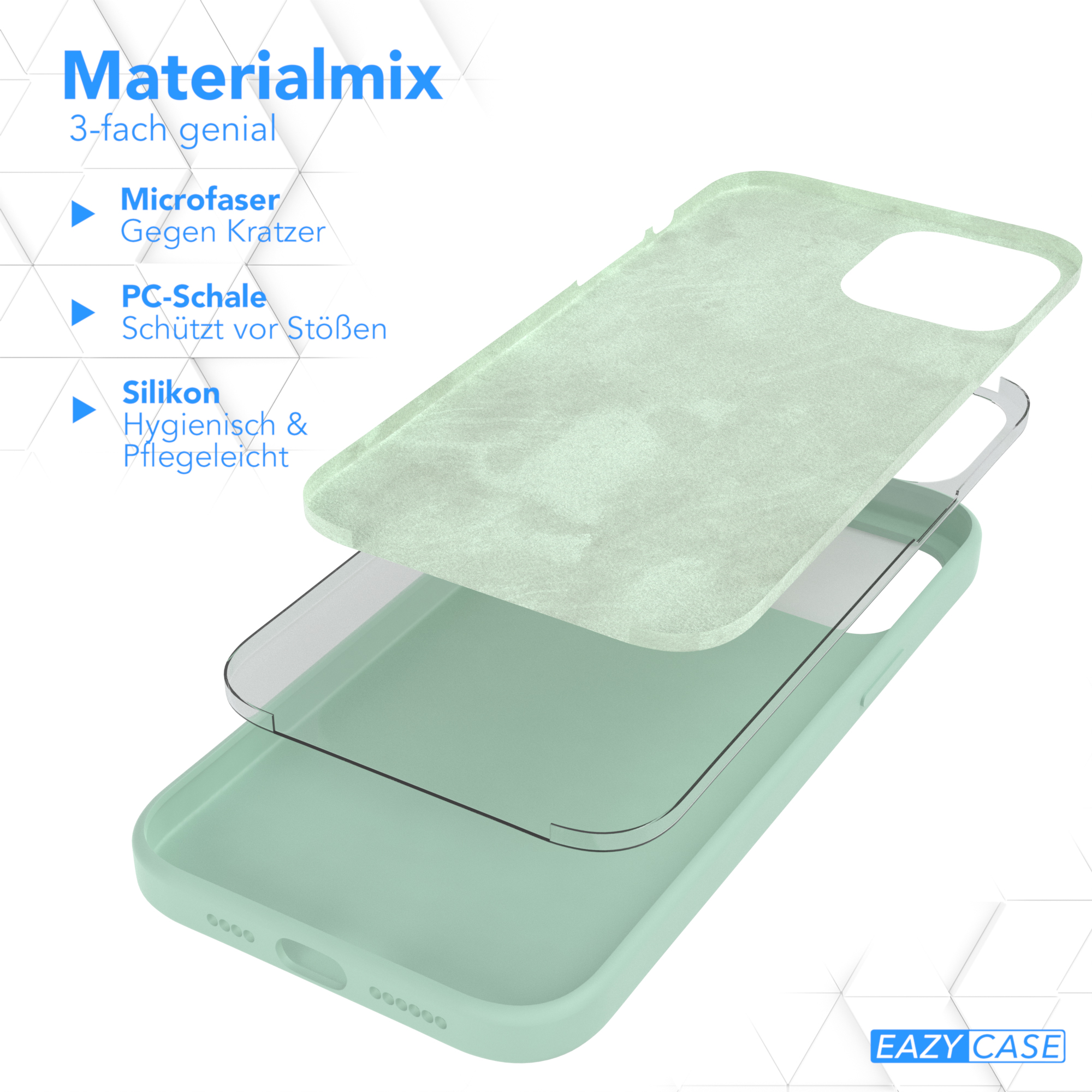 Handyhüllen-Schichten: Mikrofaser, PC-Schale und Silikon. Produktaufnahme.