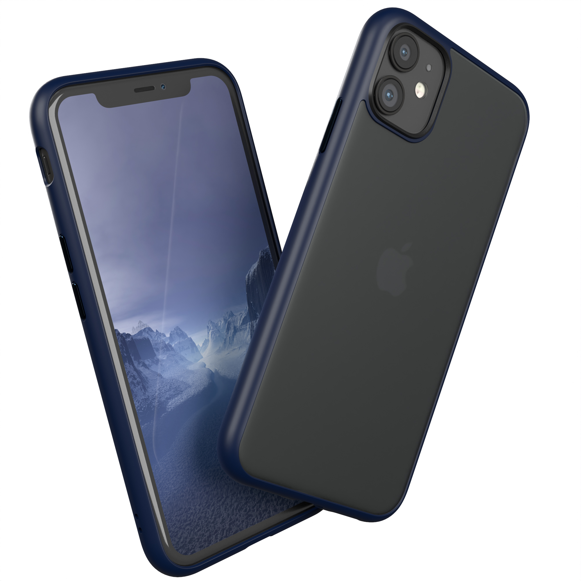 Blaue Handyhülle mit Telefon. Schwarze Kameralinsen. Weißer Hintergrund.
