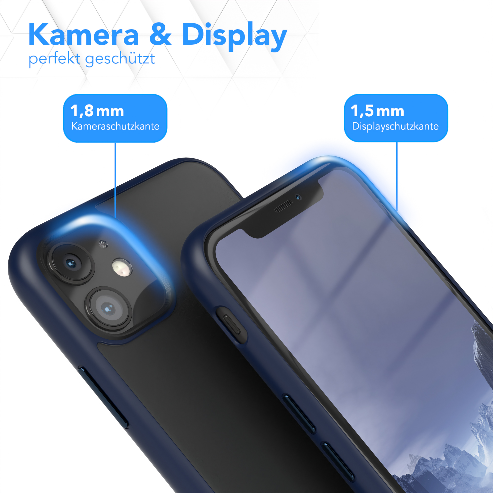 Zwei Telefone in Hüllen nebeneinander, Kamera- und Displayschutz.
