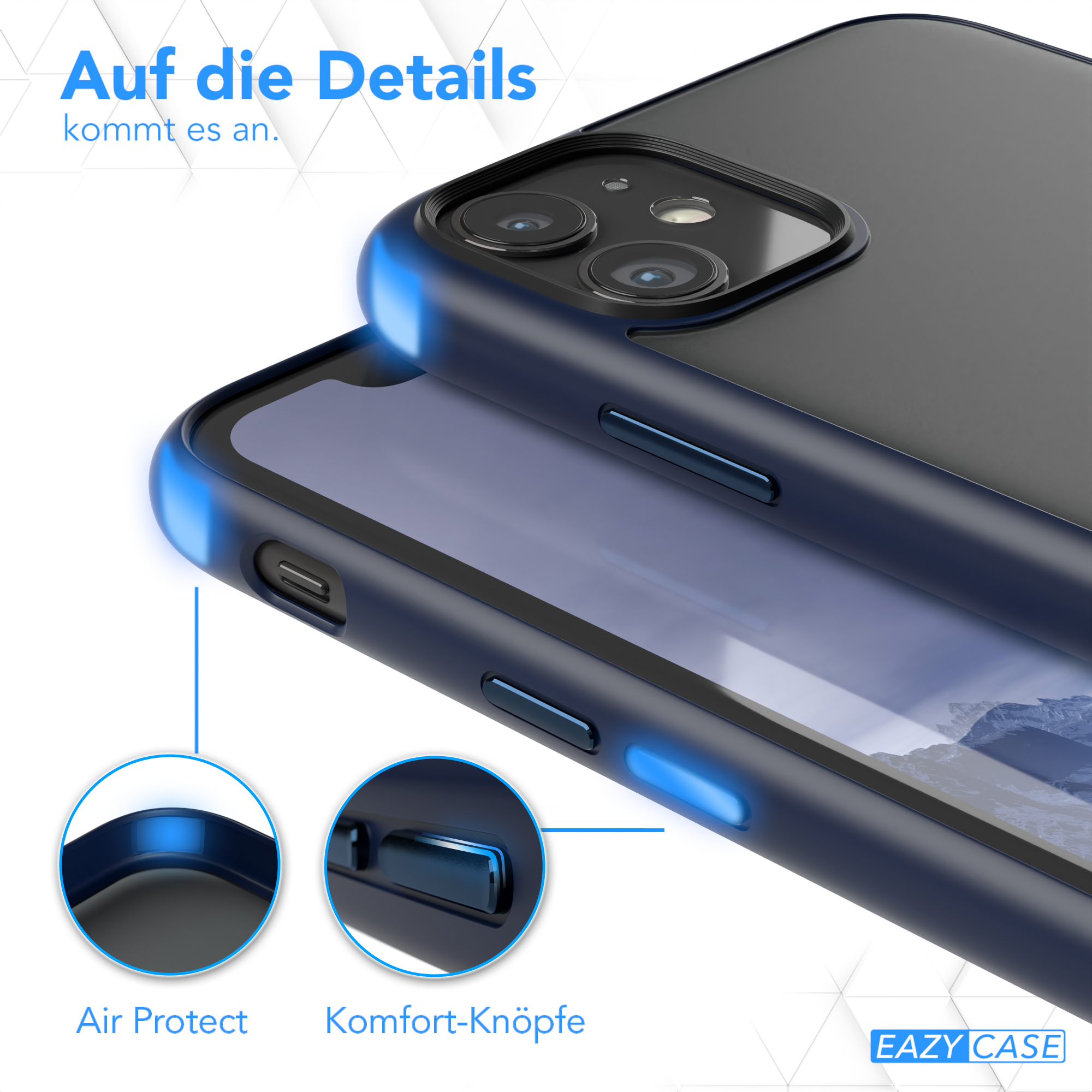 Nahaufnahme Hülle Details: Air Protect und Komfort-Knöpfe auf blauer Hülle.