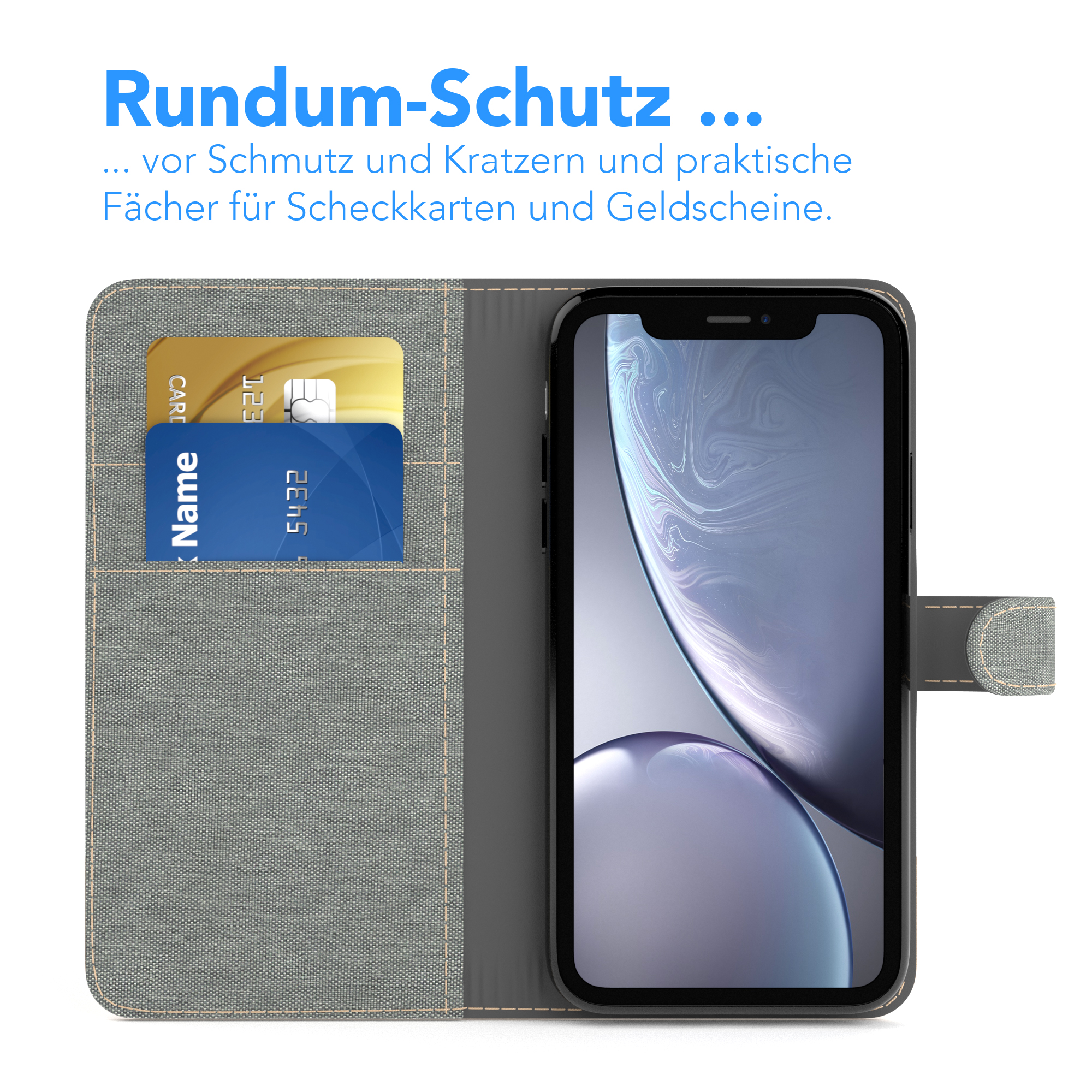 Ein Telefonetui mit zwei Kreditkarten sichtbar. Das Etui ist offen, mit einem Telefon darin.