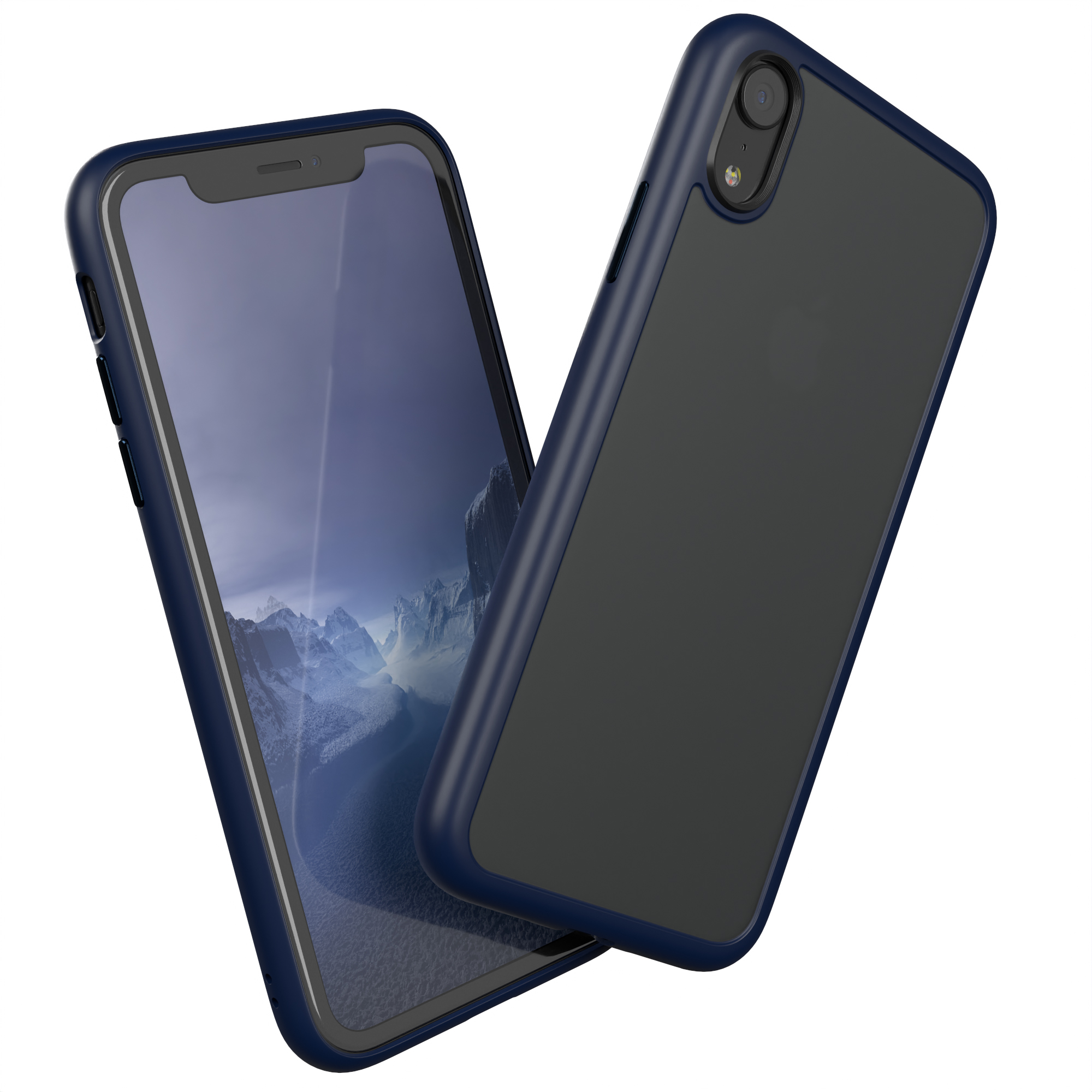 Telefon in blauer Hülle. Eine andere Hülle ist dahinter. Telefon abgewinkelt. Die Hülle ist dunkelblau.
