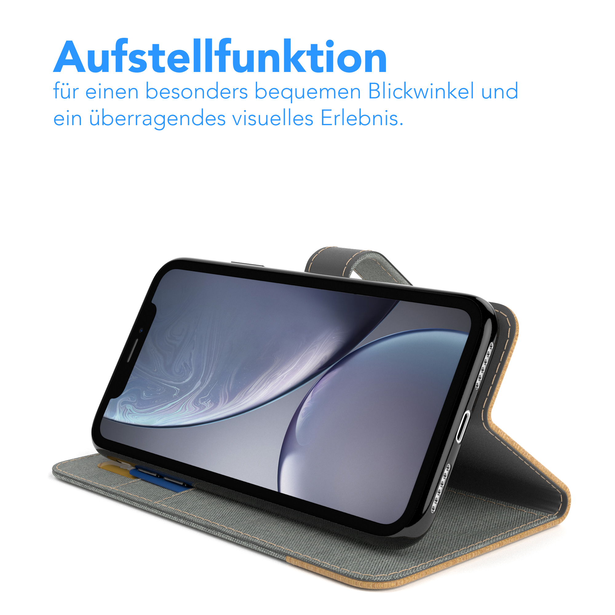 Schwarzes Smartphone in einem grauen Gehäuse, aufgestellt. Text oben: Aufstellfunktion. Weißer Hintergrund.