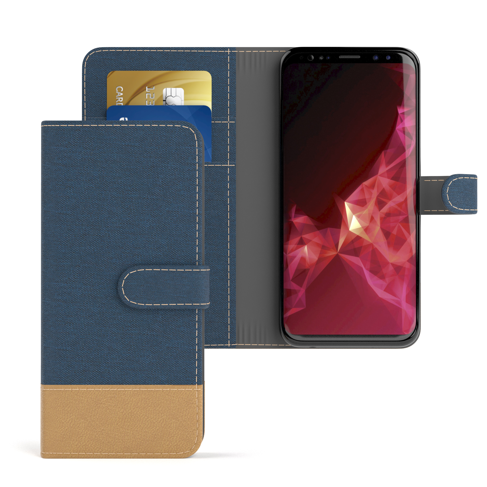 Blau-braune Handyhülle mit einem Telefon, das ein rotes geometrisches Design zeigt. Eine Karte befindet sich im Kartenhalter.