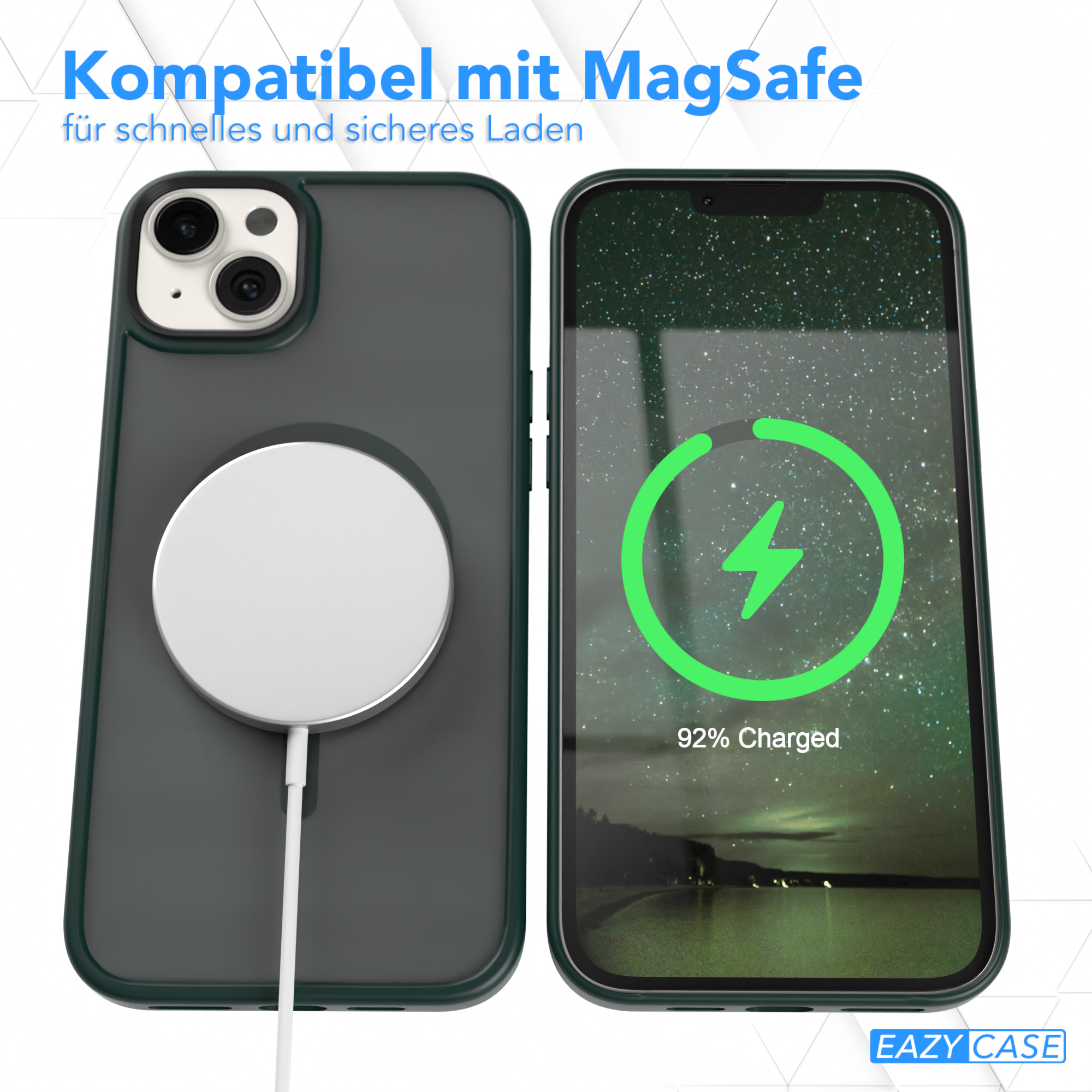 Ein Telefon, das mit einem MagSafe-Ladegerät geladen wird. Das Telefon zeigt 92% Ladung an.