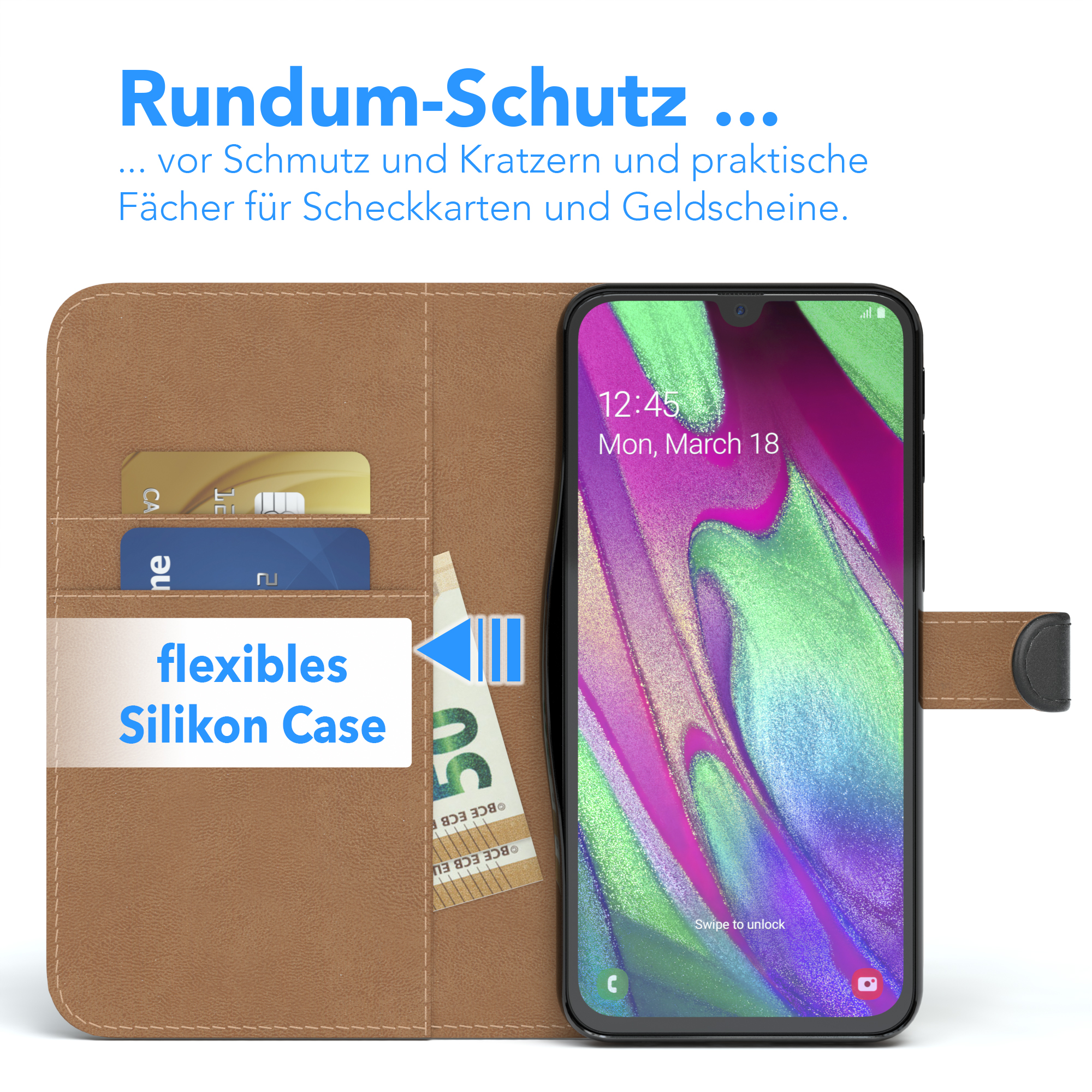 Braune Handyhülle geöffnet. Karten und Bargeld sichtbar. Telefon zeigt Zeit und 18. März. Text: Rundum-Schutz.
