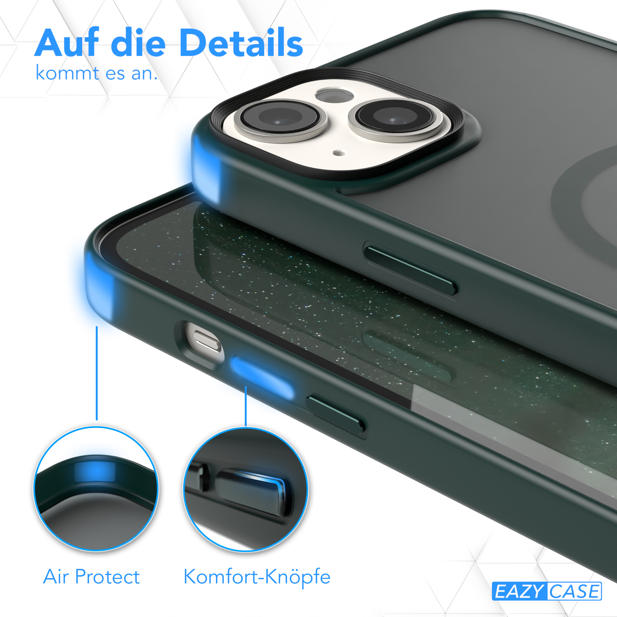 Nahaufnahme einer Handyhülle mit Details. Enthält zwei vergrößerte Bereiche. Text: 'Air Protect' und 'Komfort-Knöpfe'.
