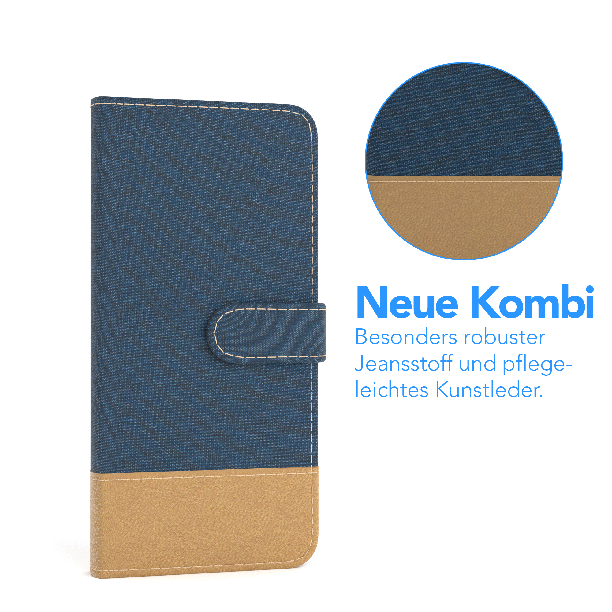 Eine blau-beige Handyhülle mit weißer Naht. Es gibt ein kreisförmiges Detail.