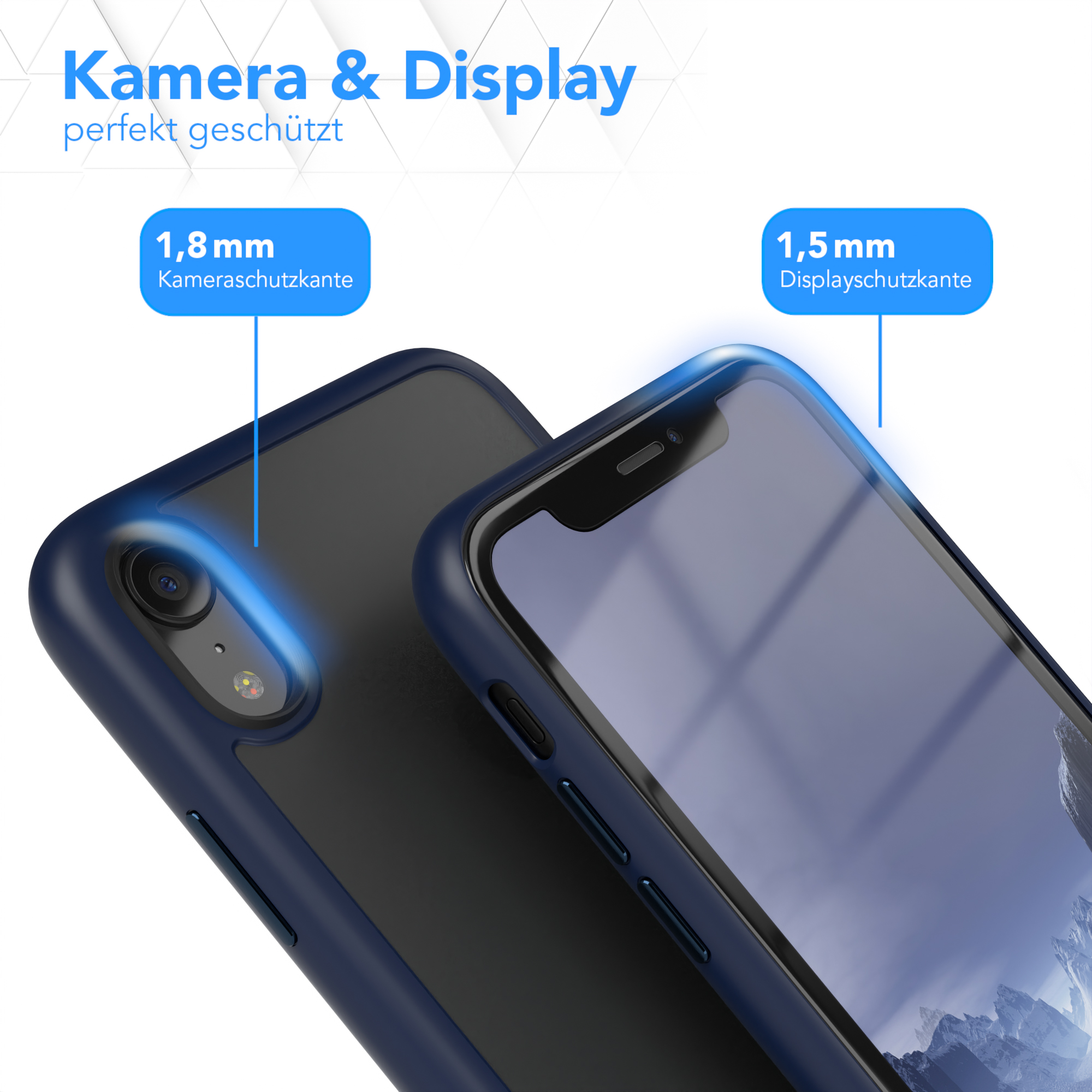 Zwei Handyhüllen, dunkelblau und schwarz, mit Text: Kamera & Display perfekt geschützt.