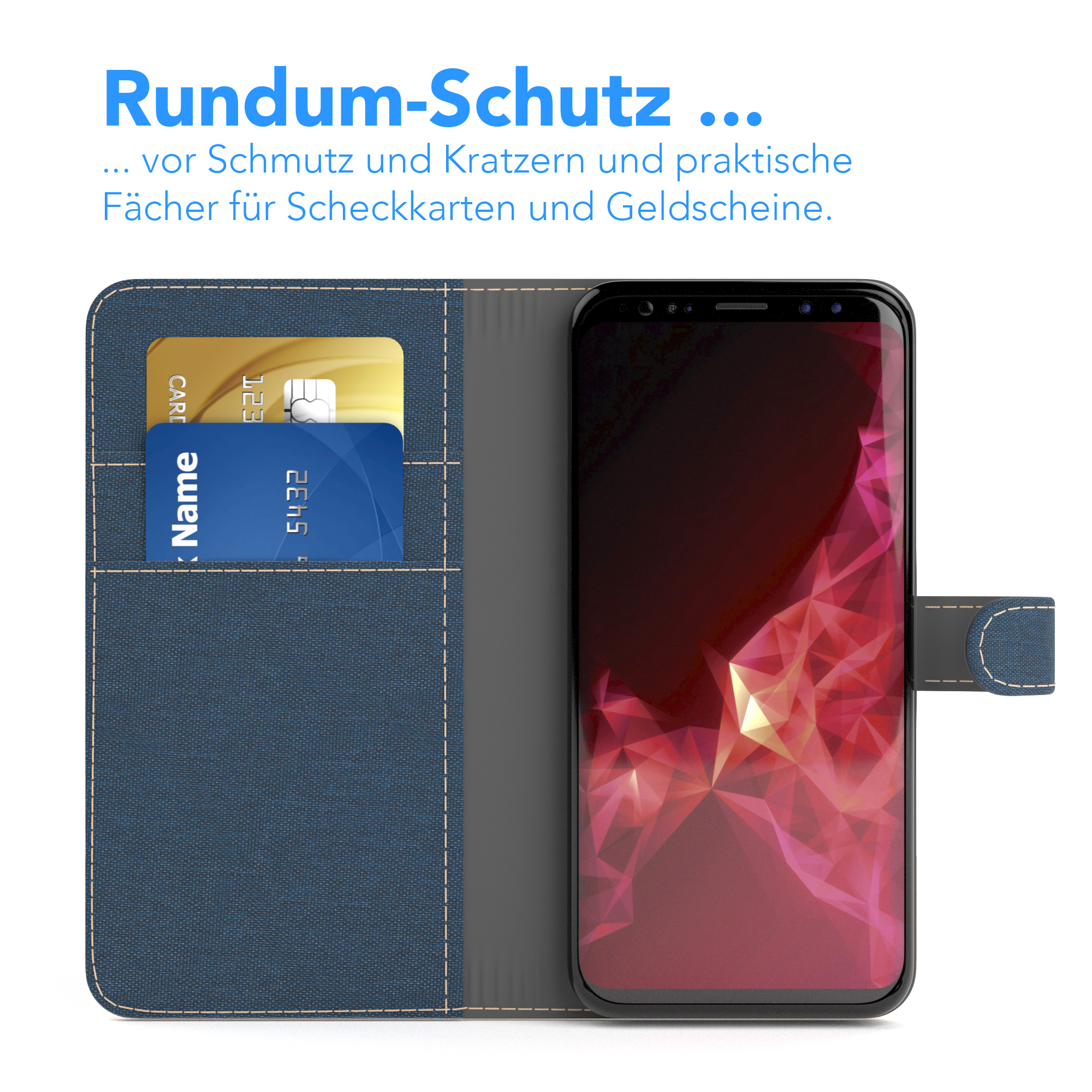 Geöffnete Handyhülle mit Karten und Telefon. Blaue Stoffhülle, Karten in Schlitzen.