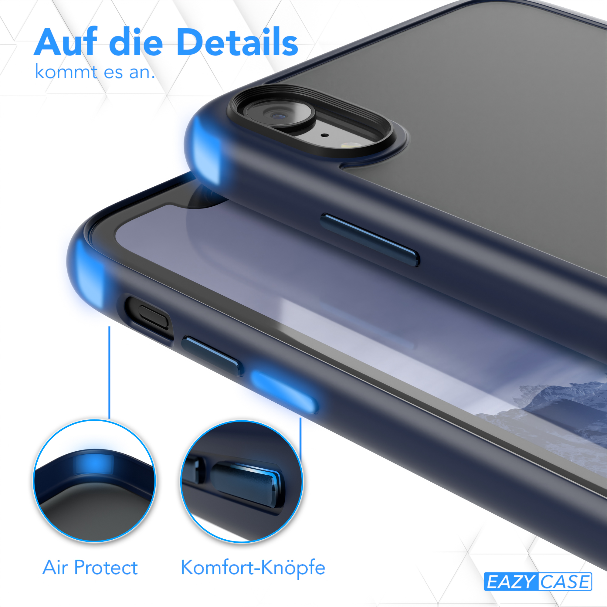Nahaufnahme einer Handyhülle mit blauen Akzenten. Details der Tasten und Schutzfunktionen.