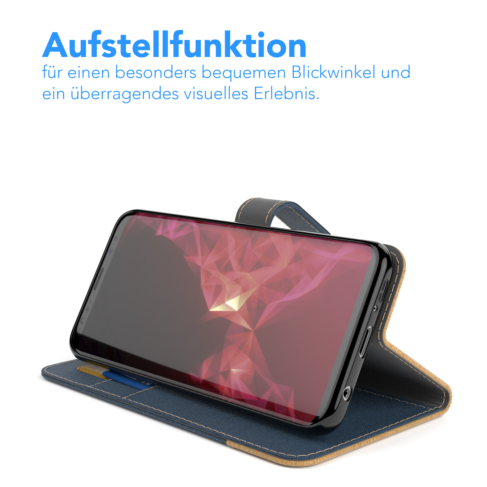 Handyhülle mit geneigtem Bildschirm, zeigt ein rotes und gelbes Design. Blaues Innere, braunes Äußere.